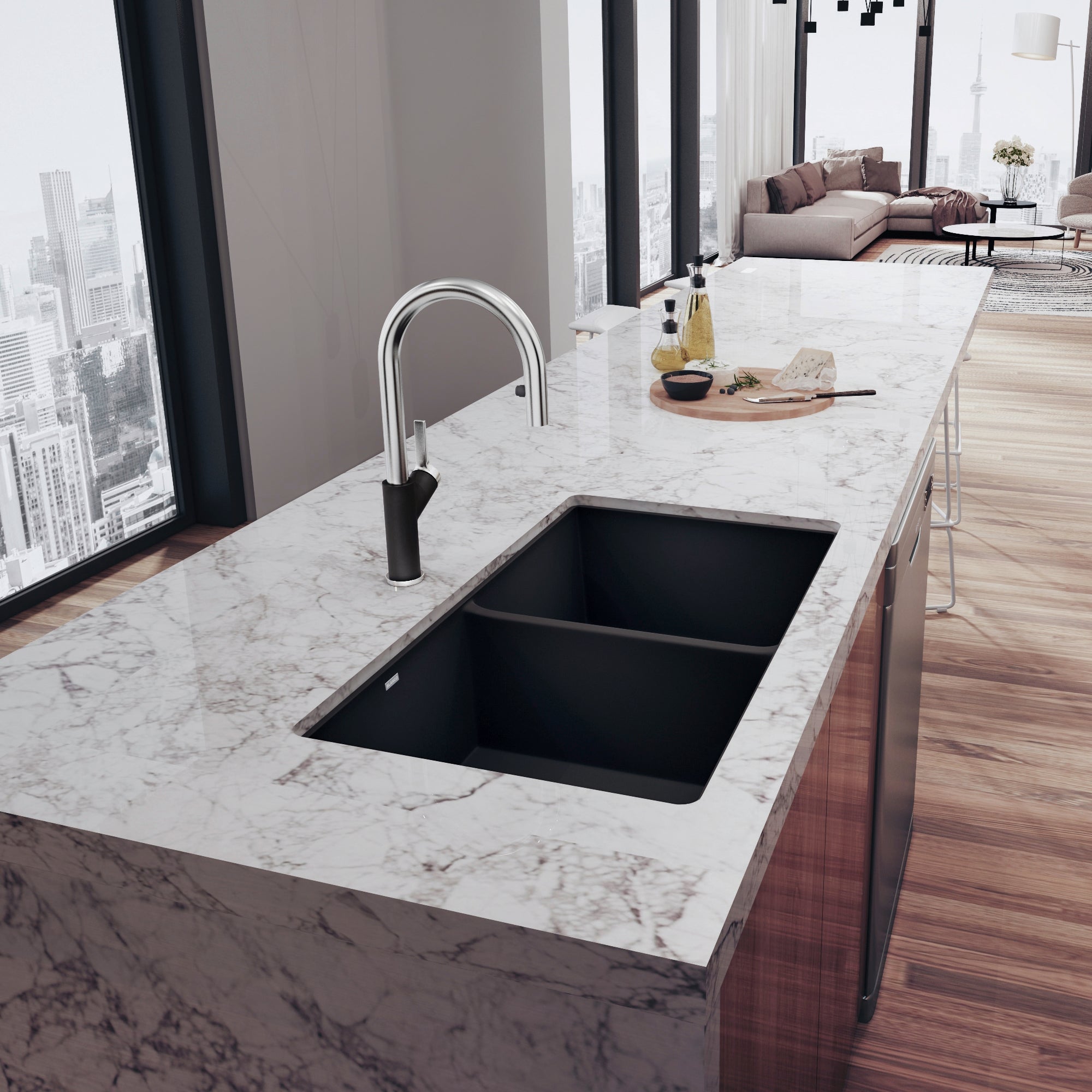 Anthracite double bowl undermount sink with chrome arc faucet in marble countertop.