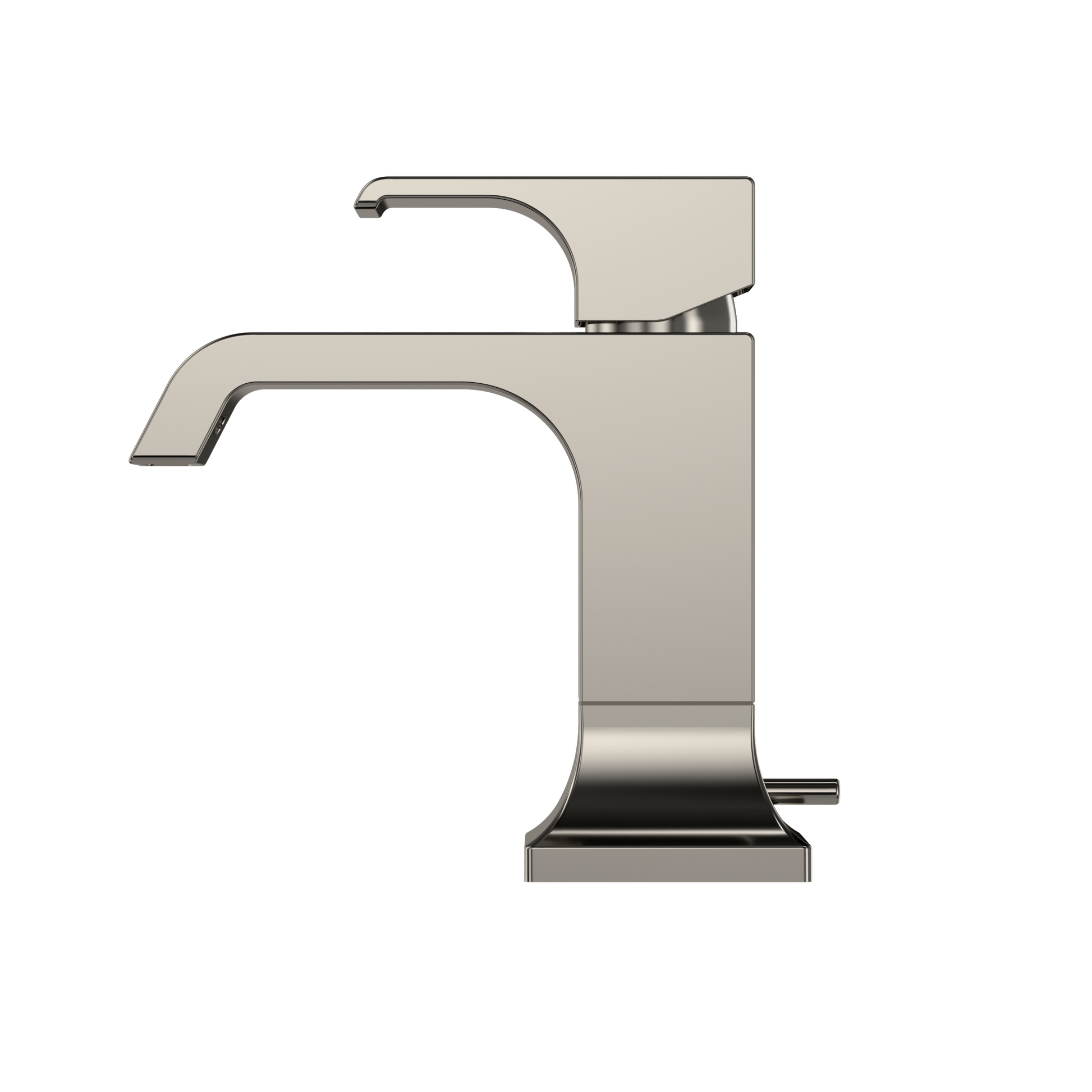 Polished nickel single-handle bathroom sink faucet with curved spout and rectangular body.