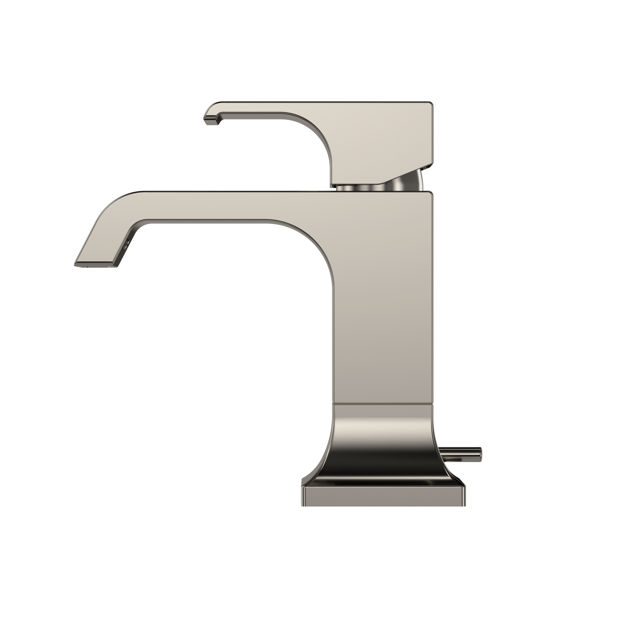 Polished nickel single-handle bathroom sink faucet with curved spout and rectangular body.