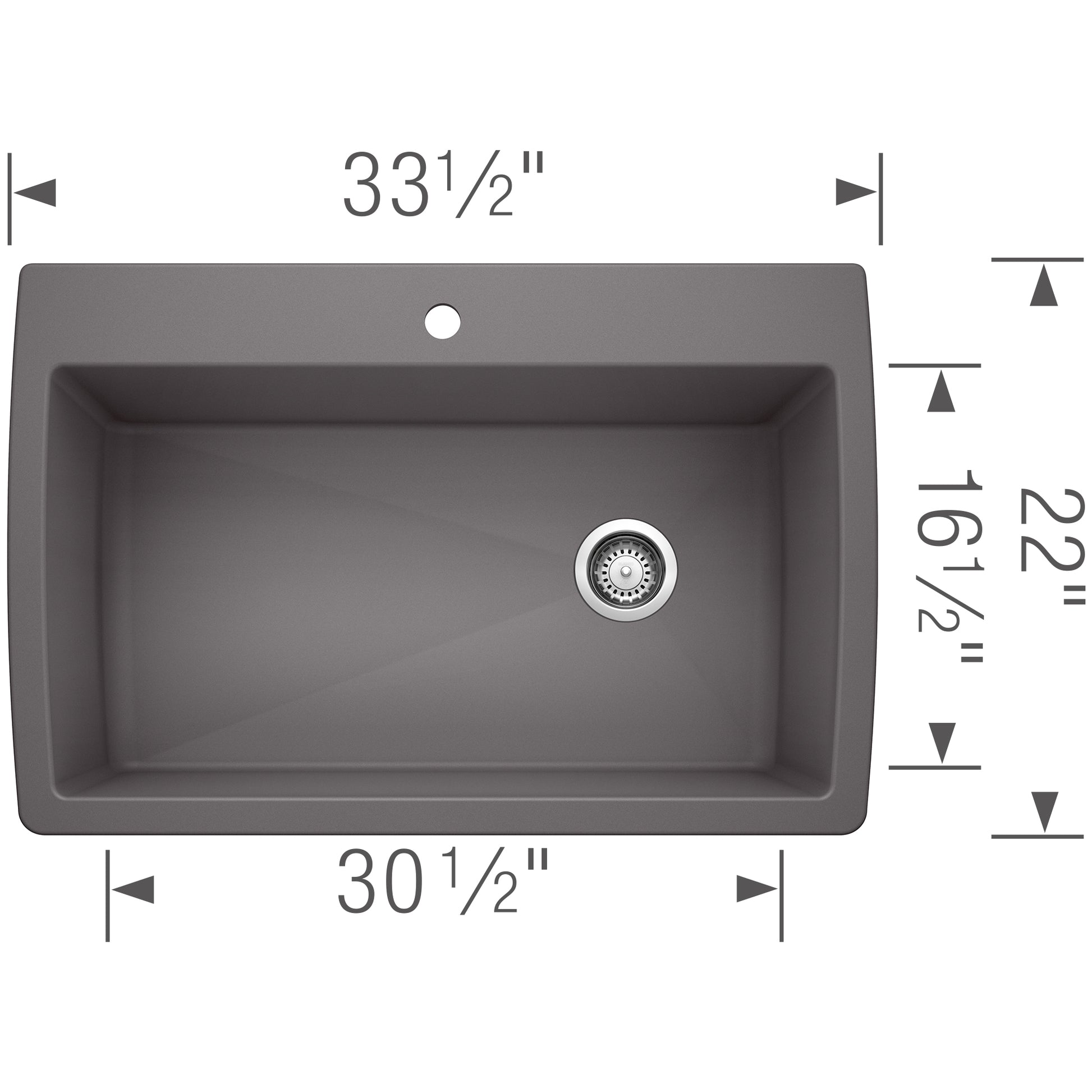 Cinder gray single bowl drop-in sink with dimensions 33½" W x 22" D and drain hole, measured view.