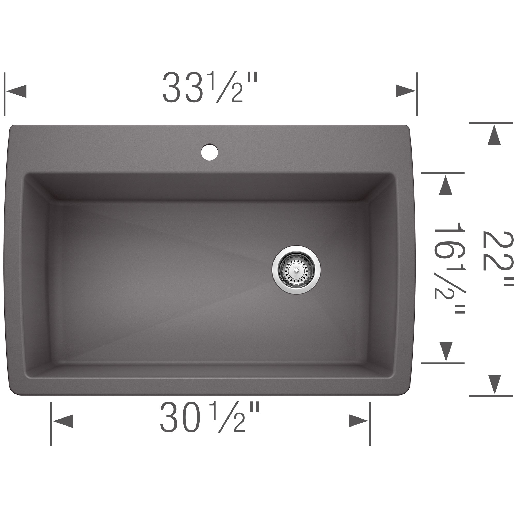 Cinder gray single bowl drop-in sink with dimensions 33½" W x 22" D and drain hole, measured view.