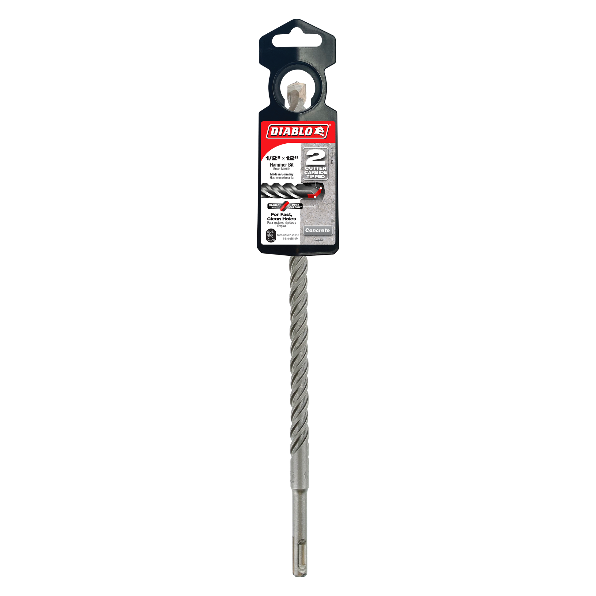 Diablo SDS-Plus rotary hammer drill bit with 2 cutters, 1/2 inch diameter and 10 inch length, in packaging.