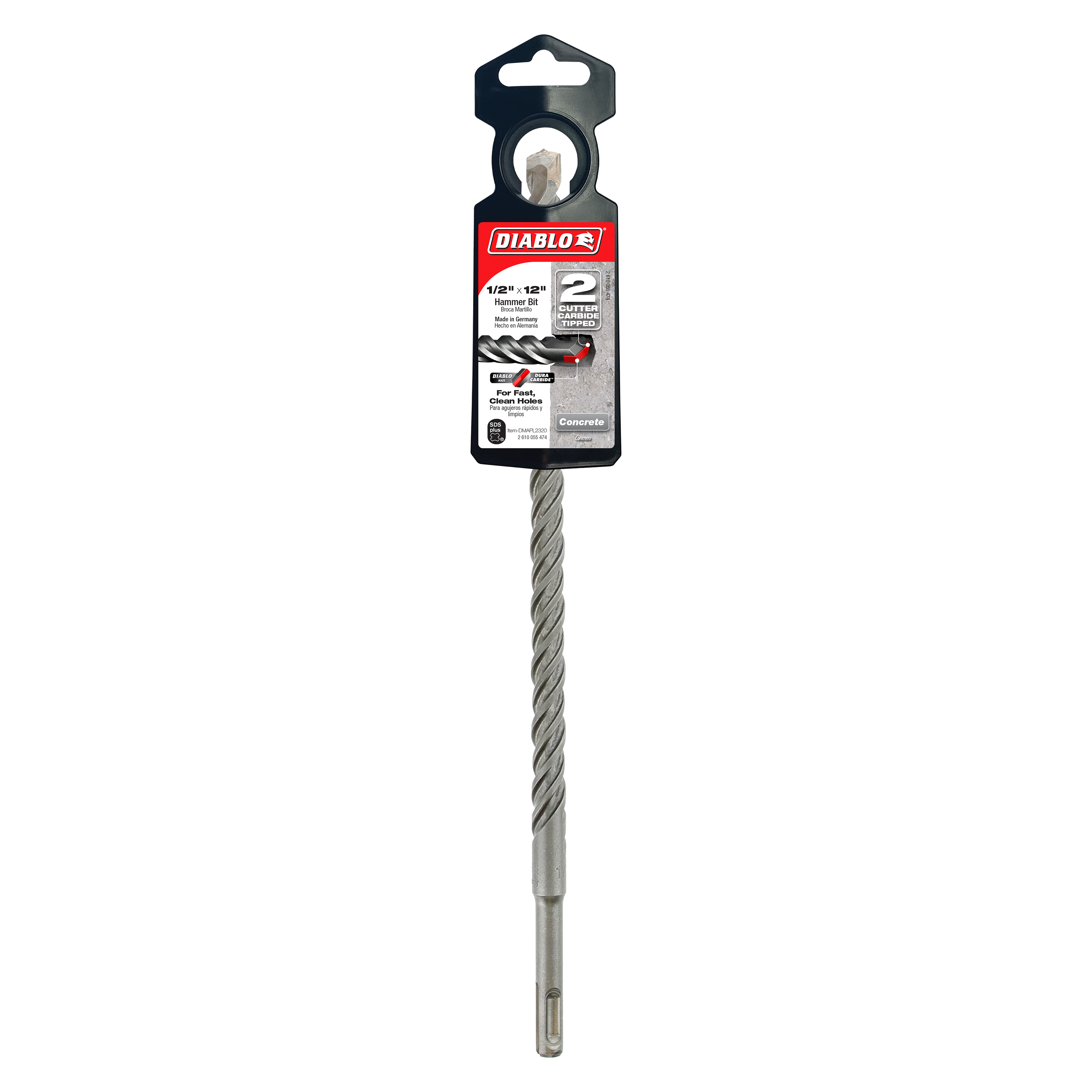 Diablo SDS-Plus rotary hammer drill bit with 2 cutters, 1/2 inch diameter and 10 inch length, in packaging.