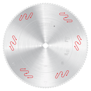 Silver circular saw blade with carbide teeth around the edge and red wavy markings on the face.