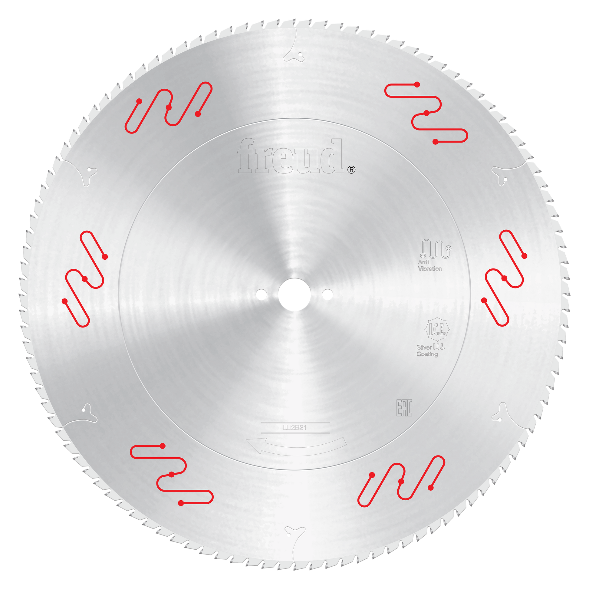 Silver circular saw blade with carbide teeth around the edge and red wavy markings on the face.