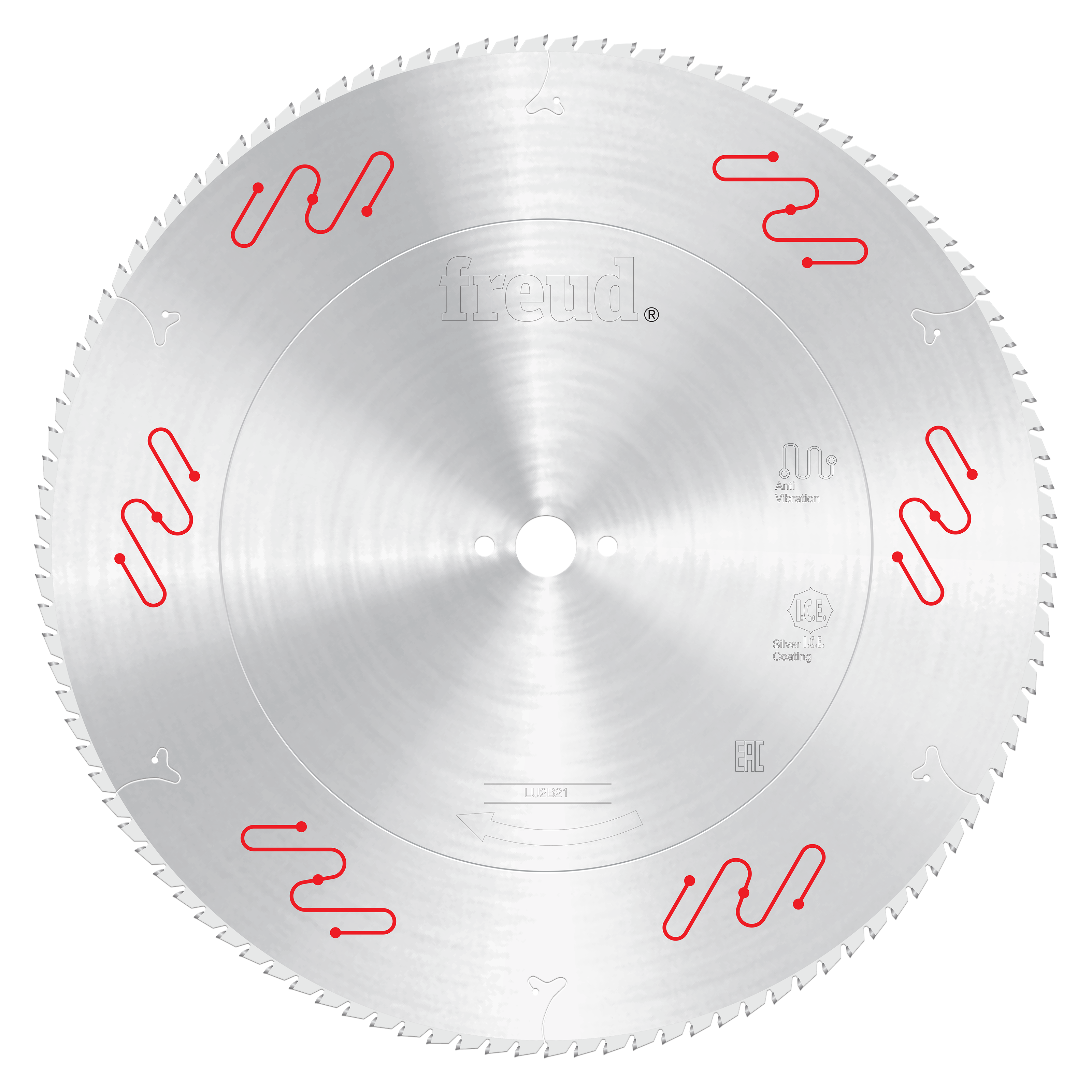 Silver circular saw blade with carbide teeth around the edge and red wavy markings on the face.