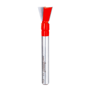 Freud dovetail bit with red cutting head and silver metal shaft, 1/2" diameter.