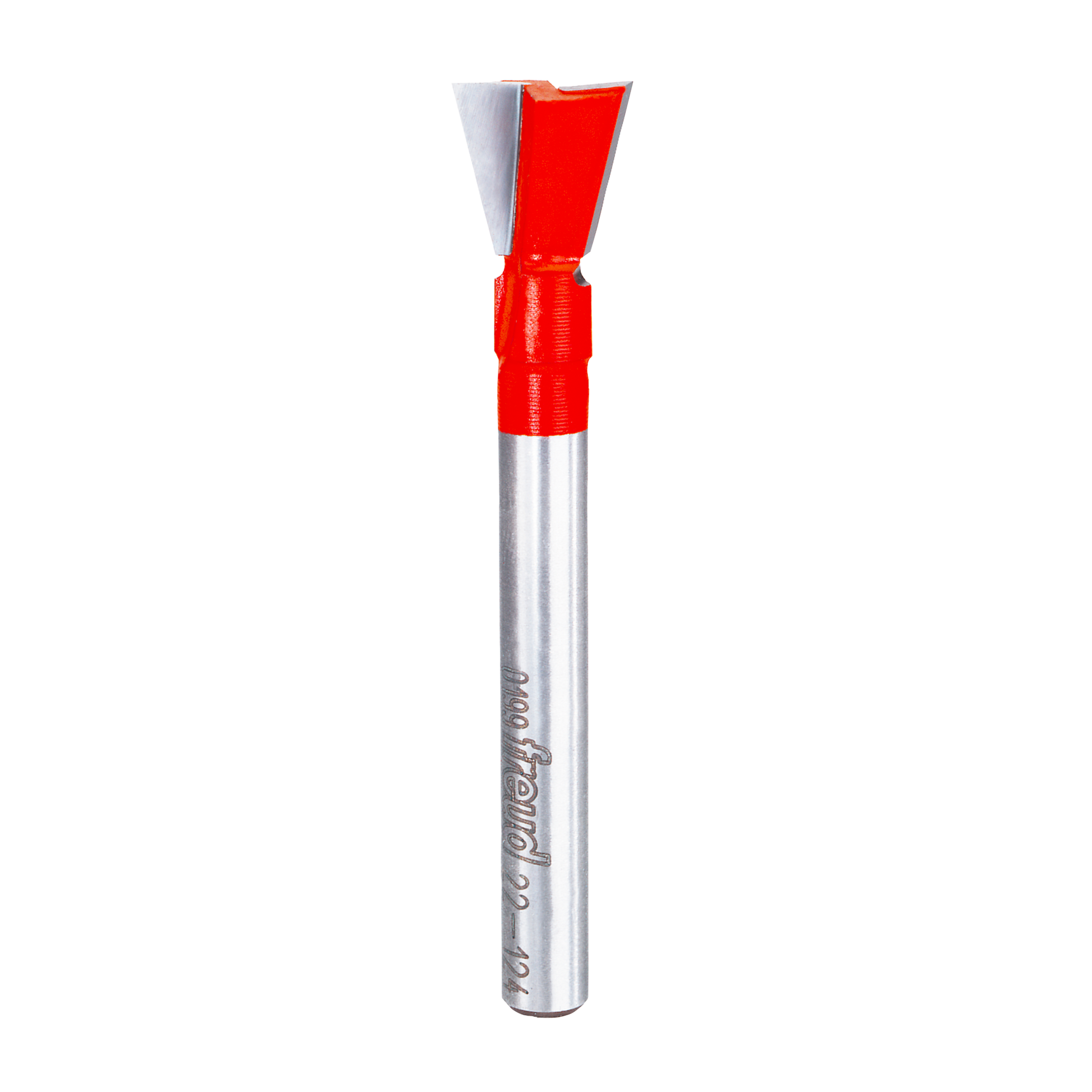 Freud dovetail bit with red cutting head and silver metal shaft, 1/2" diameter.