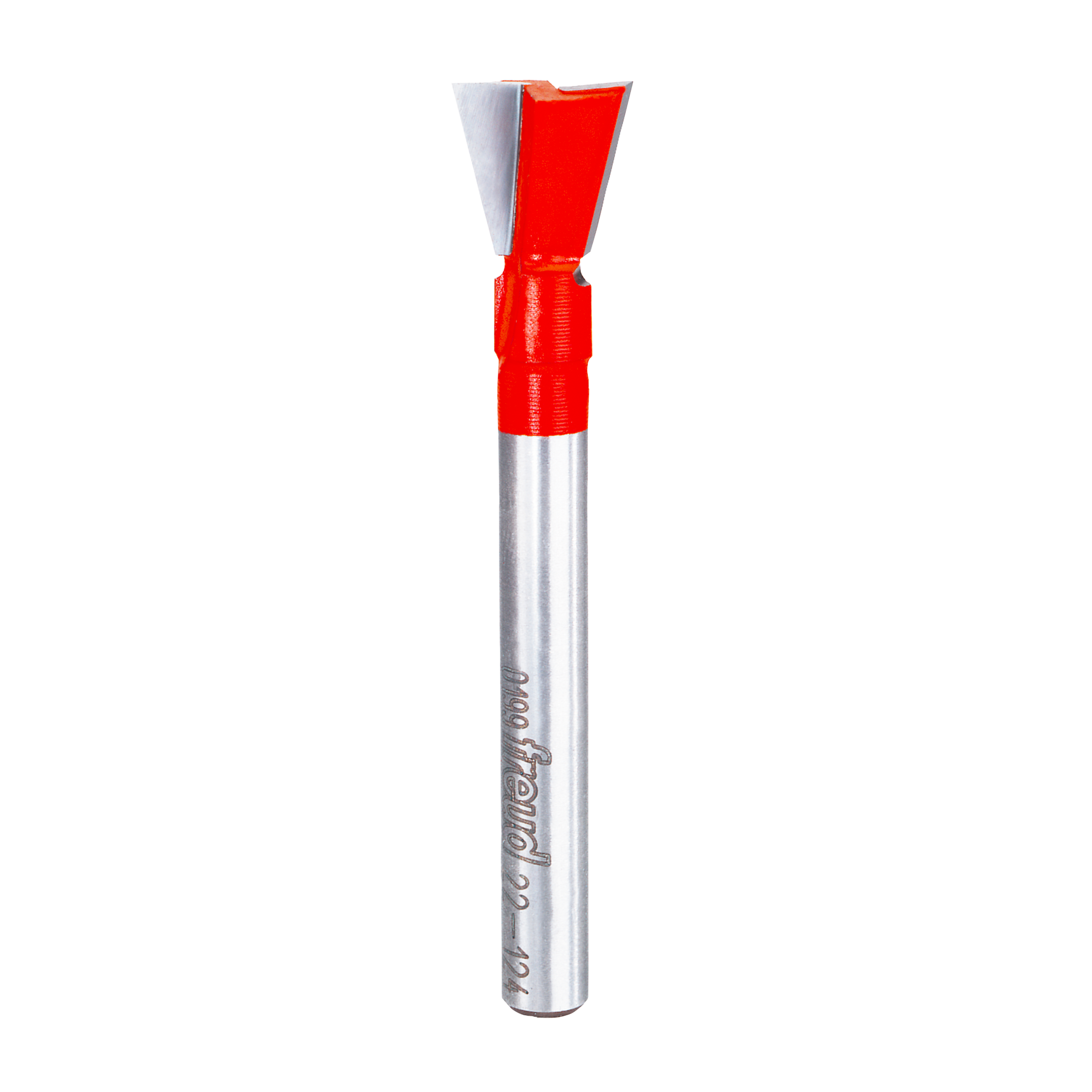 Freud dovetail bit with red cutting head and silver metal shaft, 1/2" diameter.