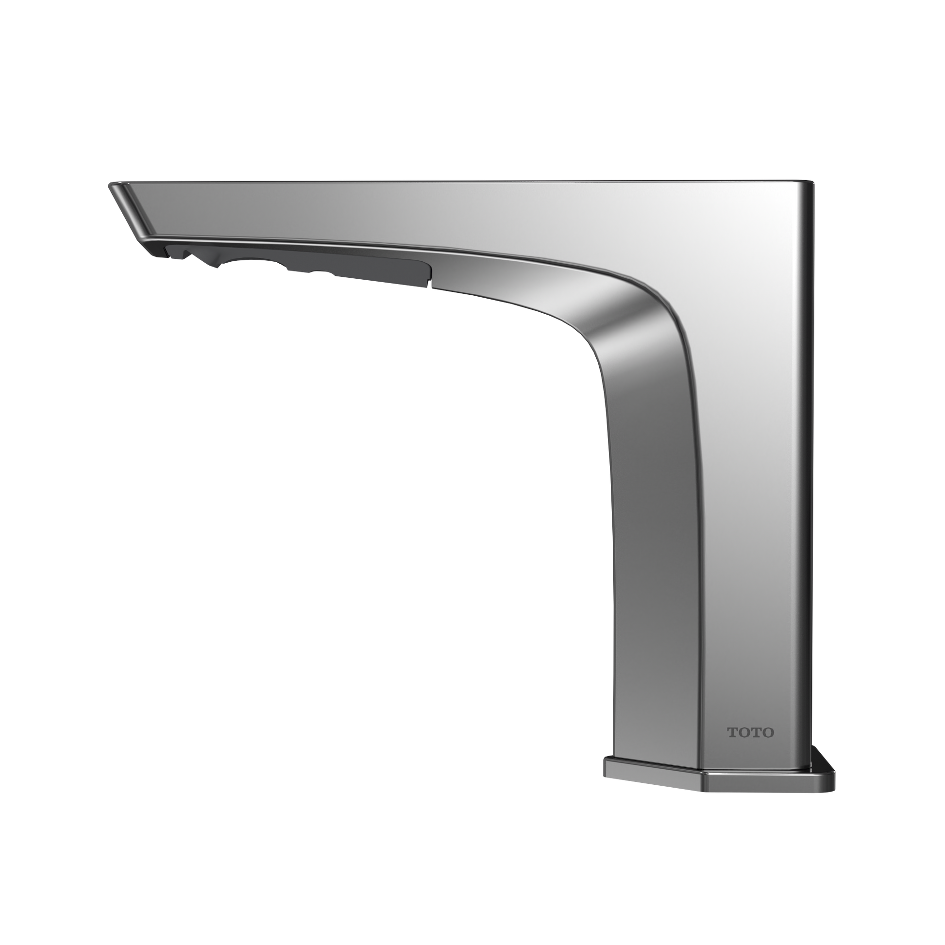 Polished chrome touchless bathroom faucet with curved spout and sensor-activated on-demand flow control.