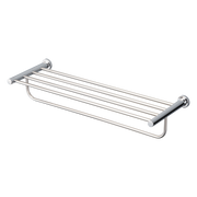 Polished chrome towel shelf with round mounting bases and hanging bar beneath shelf.