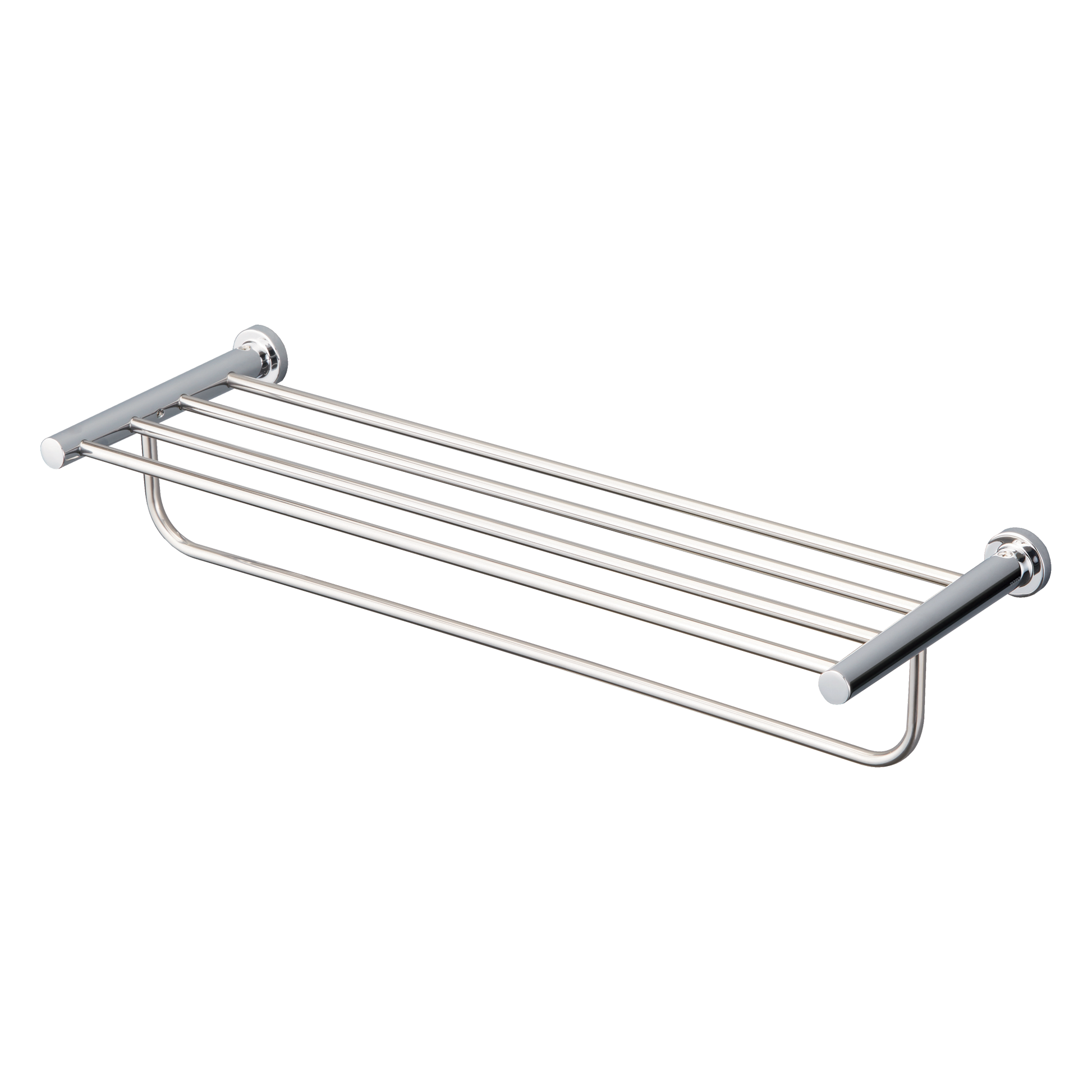 Polished chrome towel shelf with round mounting bases and hanging bar beneath shelf.