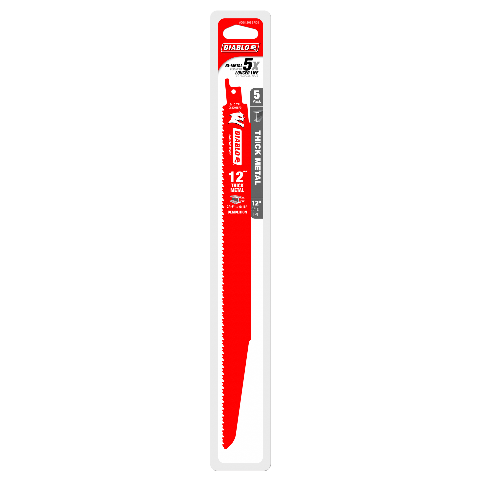 Five red bi-metal reciprocating saw blades, 12 inches long, with serrated cutting edges in white packaging.