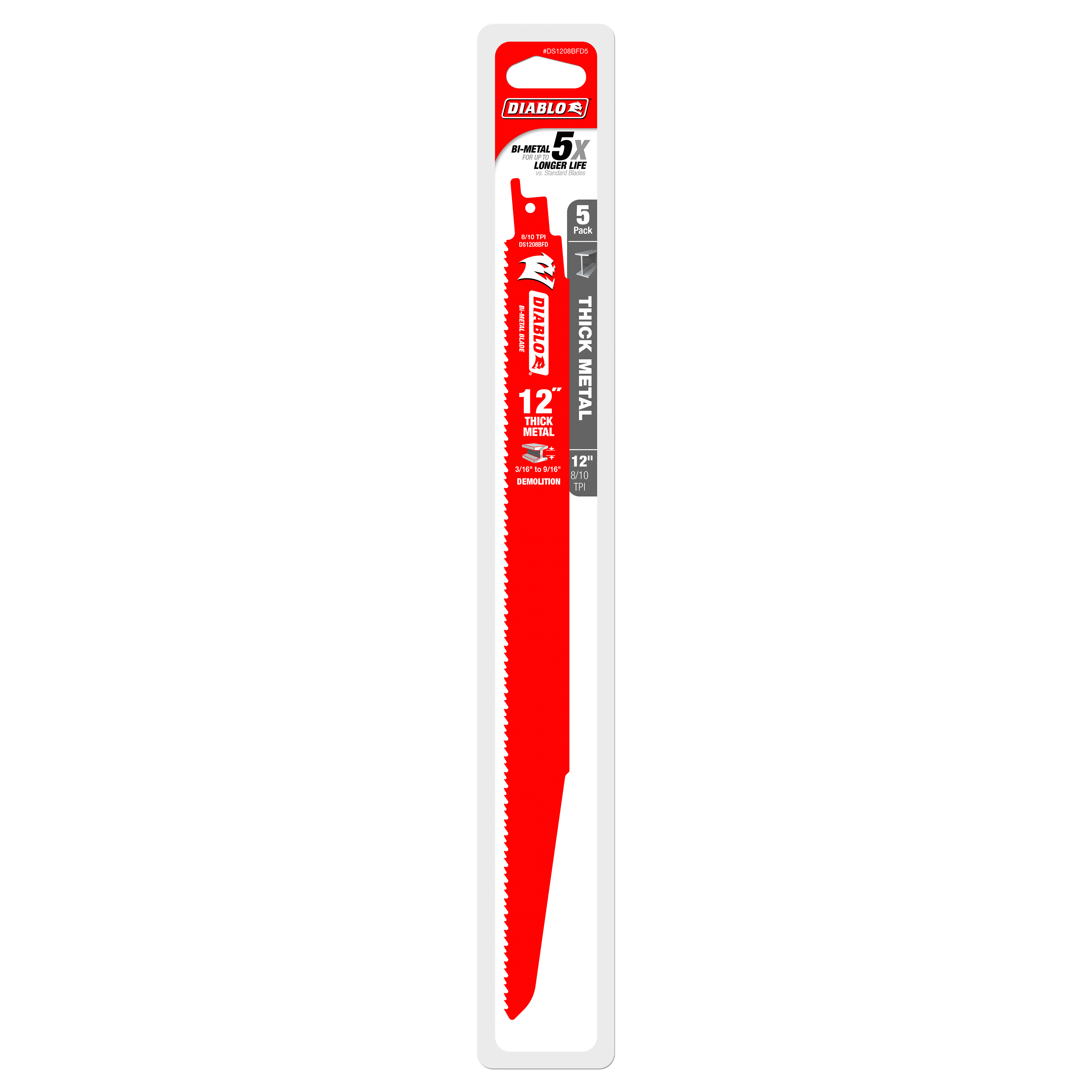 Five red bi-metal reciprocating saw blades, 12 inches long, with serrated cutting edges in white packaging.