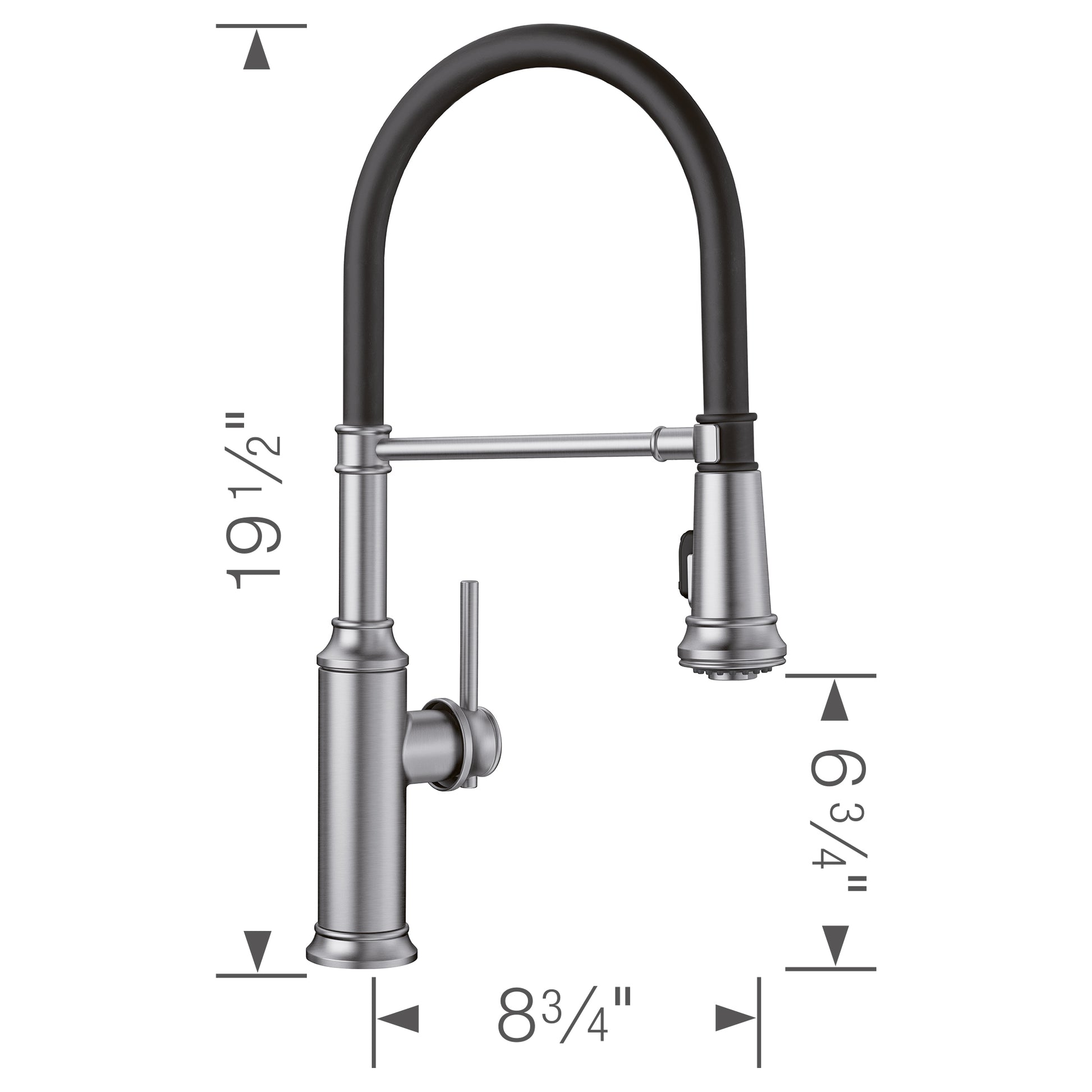 Stainless steel semi-pro kitchen faucet with black rubber coated arched spout and single lever handle, dimension diagram show