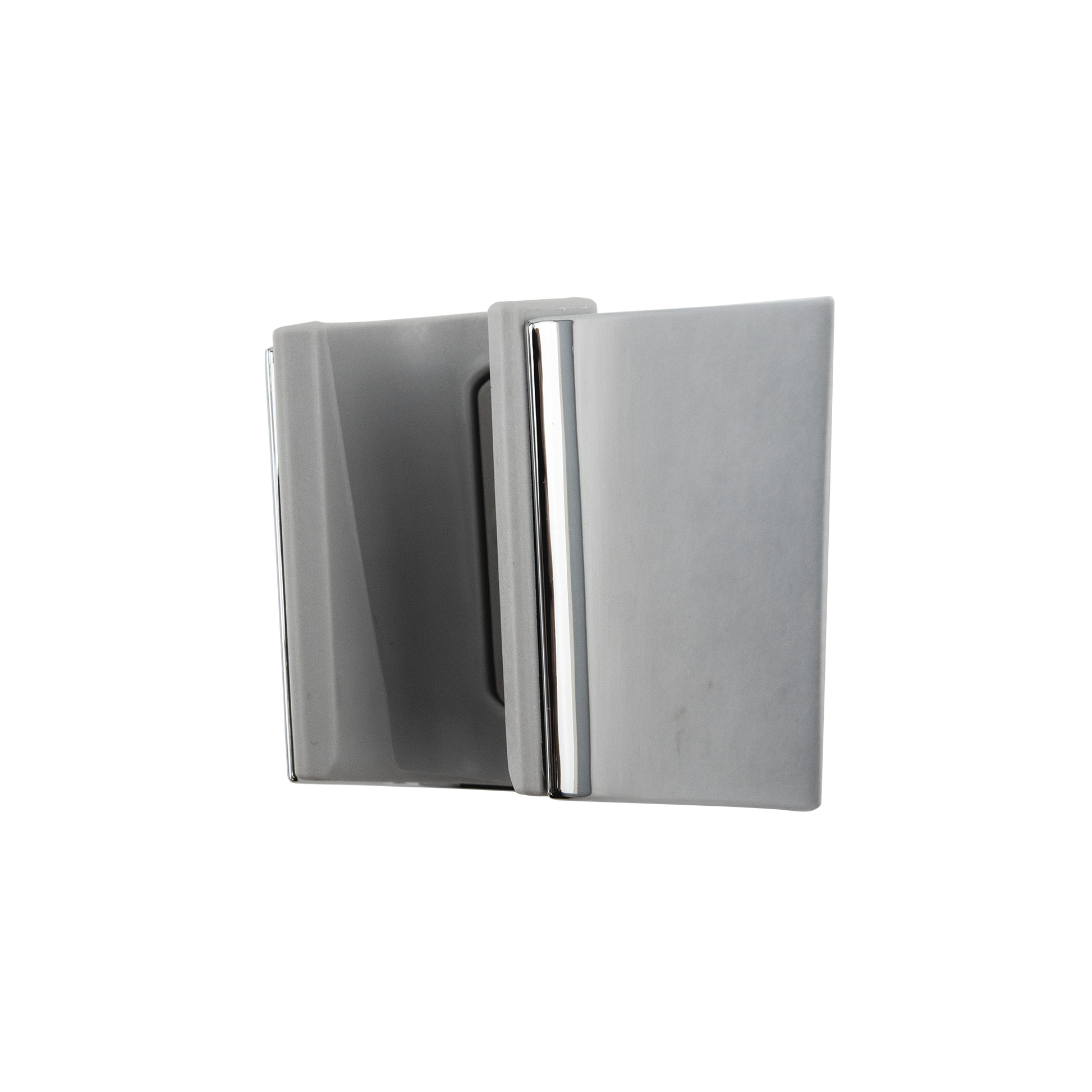 Square brushed nickel wall mount with central chrome connector for handshower attachment.