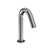 Polished chrome touchless bathroom faucet with curved spout and sensor-activated flow control.