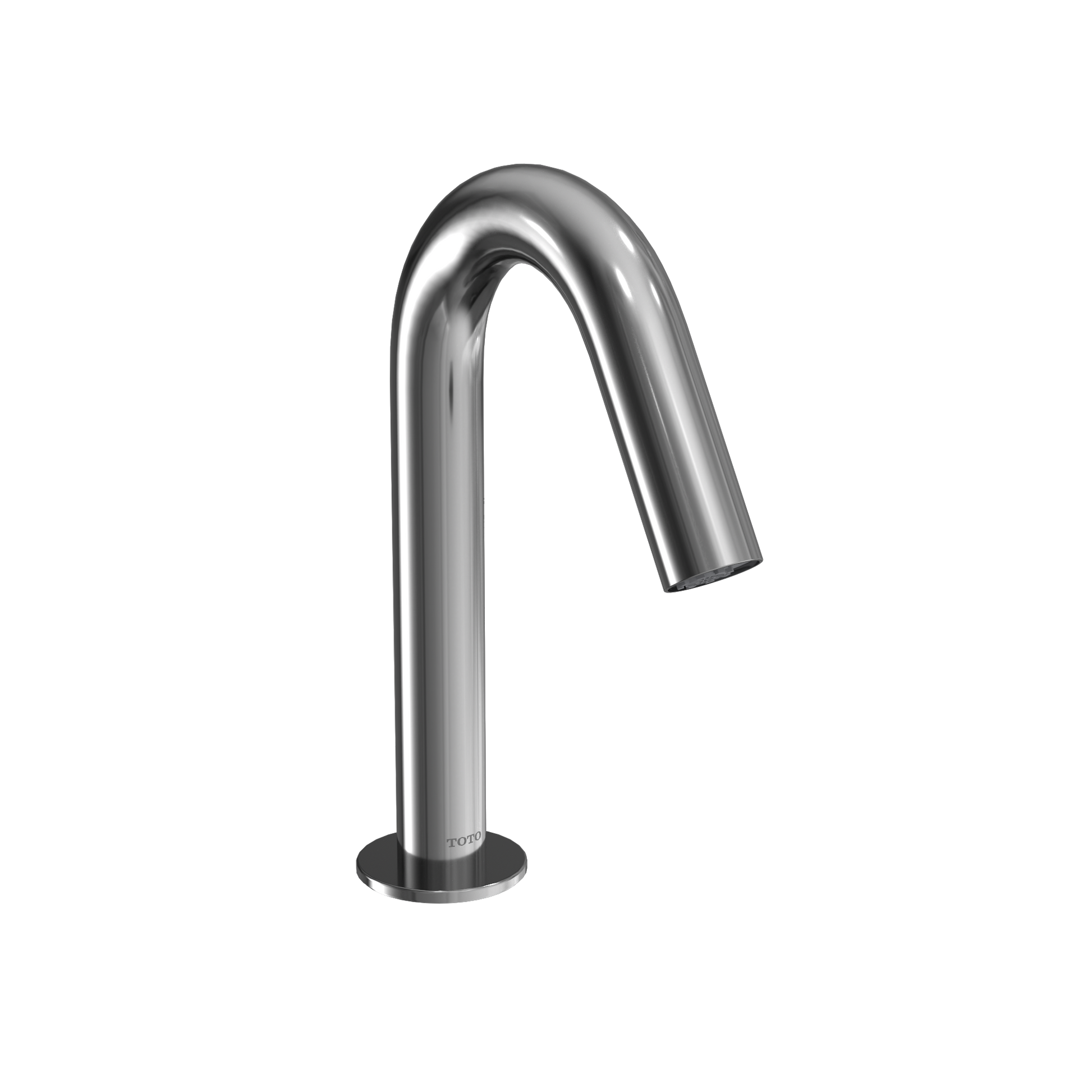 Polished chrome touchless bathroom faucet with curved spout and round base.