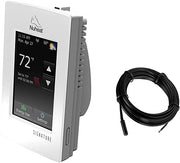 White Nuheat thermostat with touchscreen displaying 72°F temperature and black sensor probe cable.