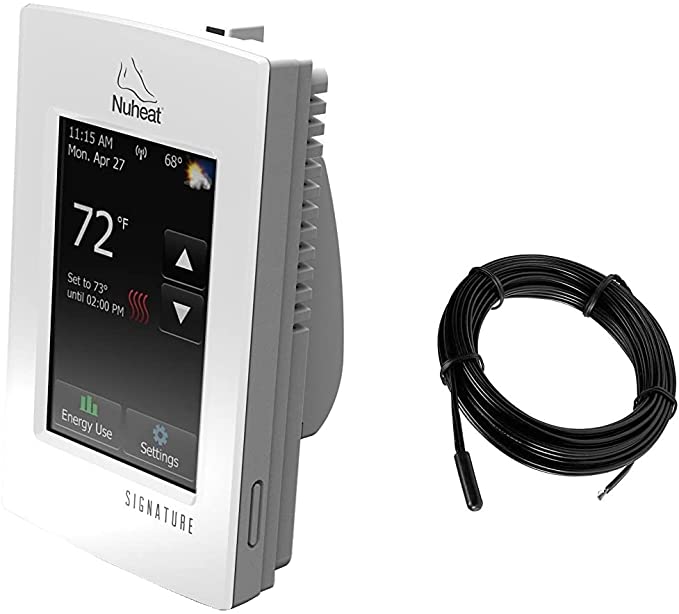 White Nuheat thermostat with touchscreen displaying 72°F temperature and black sensor probe cable.