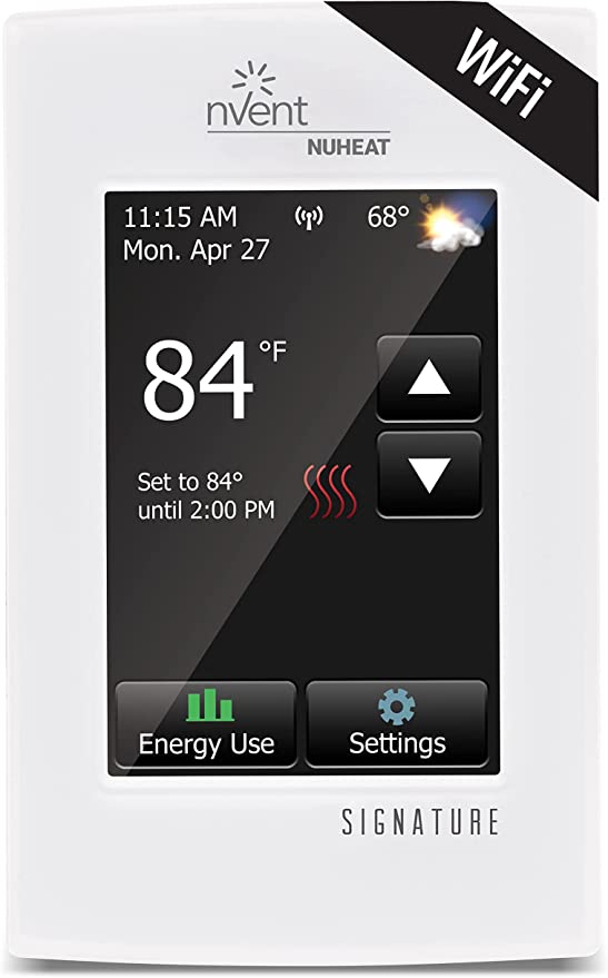 Nuheat Signature floor heating thermostat with touchscreen displaying 84°F, time, weather, and control buttons.