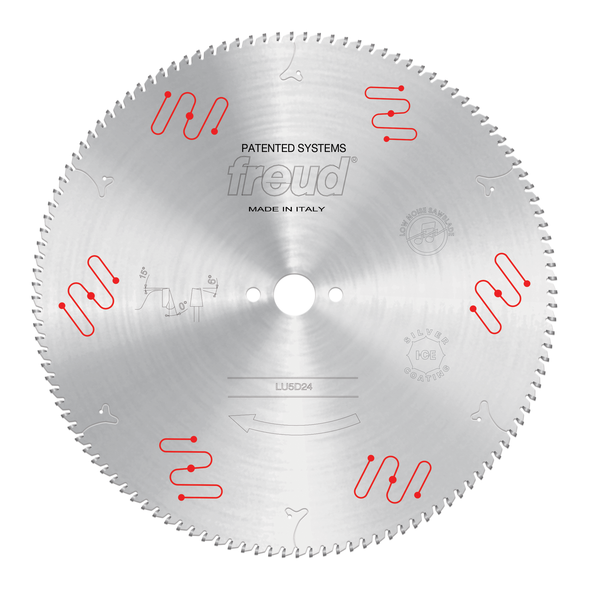 Freud LU5D24 400mm circular saw blade with fine teeth and red clamping system indicators around the perimeter.