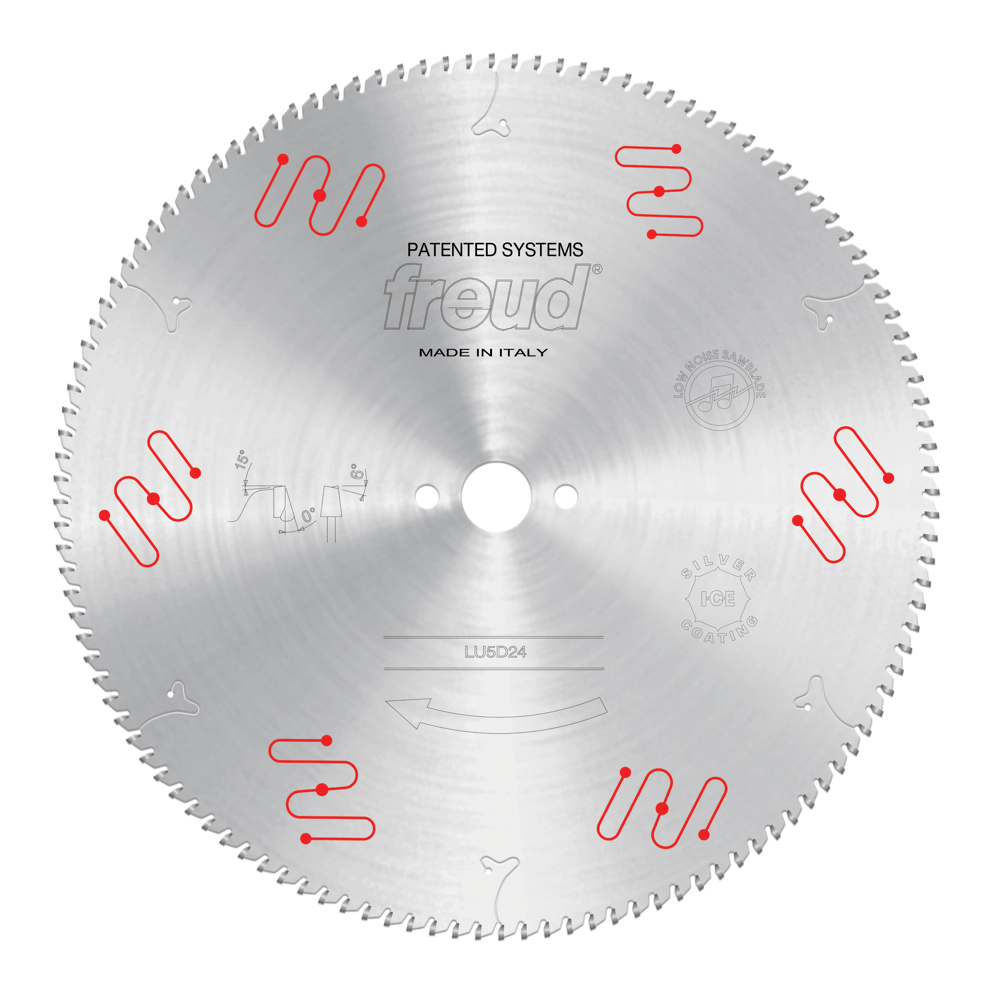 Freud LU5D24 400mm circular saw blade with fine teeth and red clamping system indicators around the perimeter.