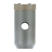 Gray cylindrical SDS-Plus core bit with carbide-tipped crown and center hole, shown straight-on view.