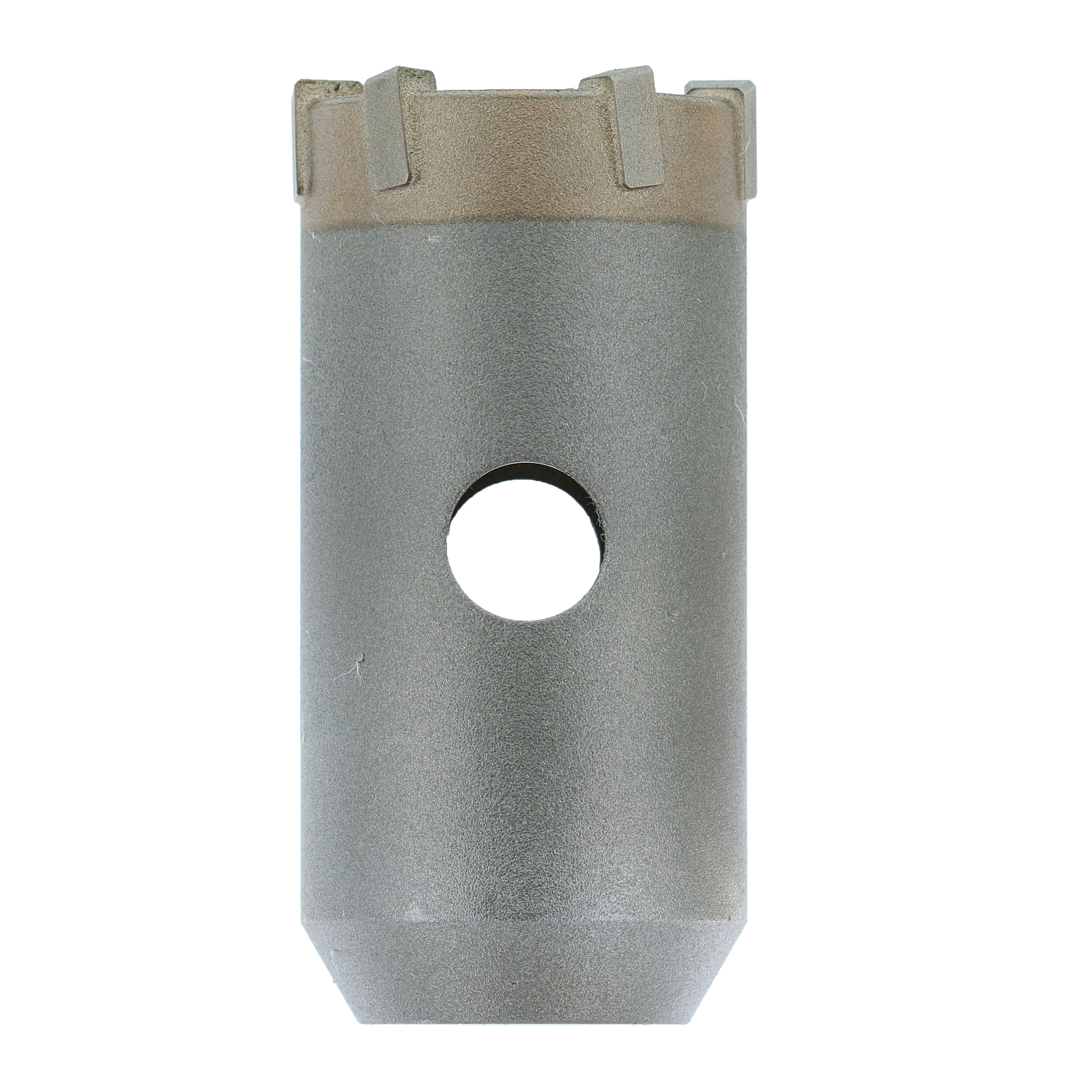Gray cylindrical SDS-Plus core bit with carbide-tipped crown and center hole, shown straight-on view.