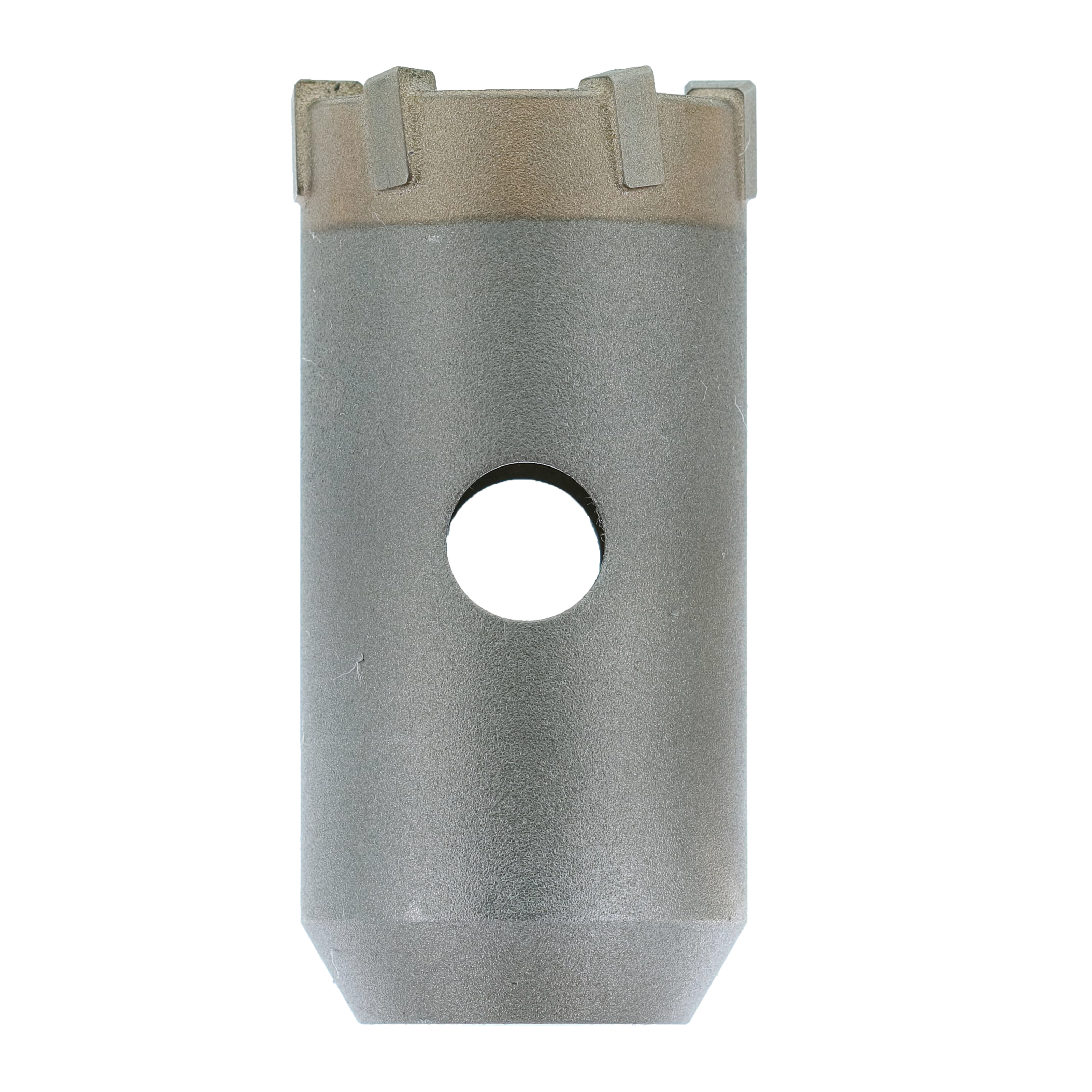 Gray cylindrical SDS-Plus core bit with carbide-tipped crown and center hole, shown straight-on view.