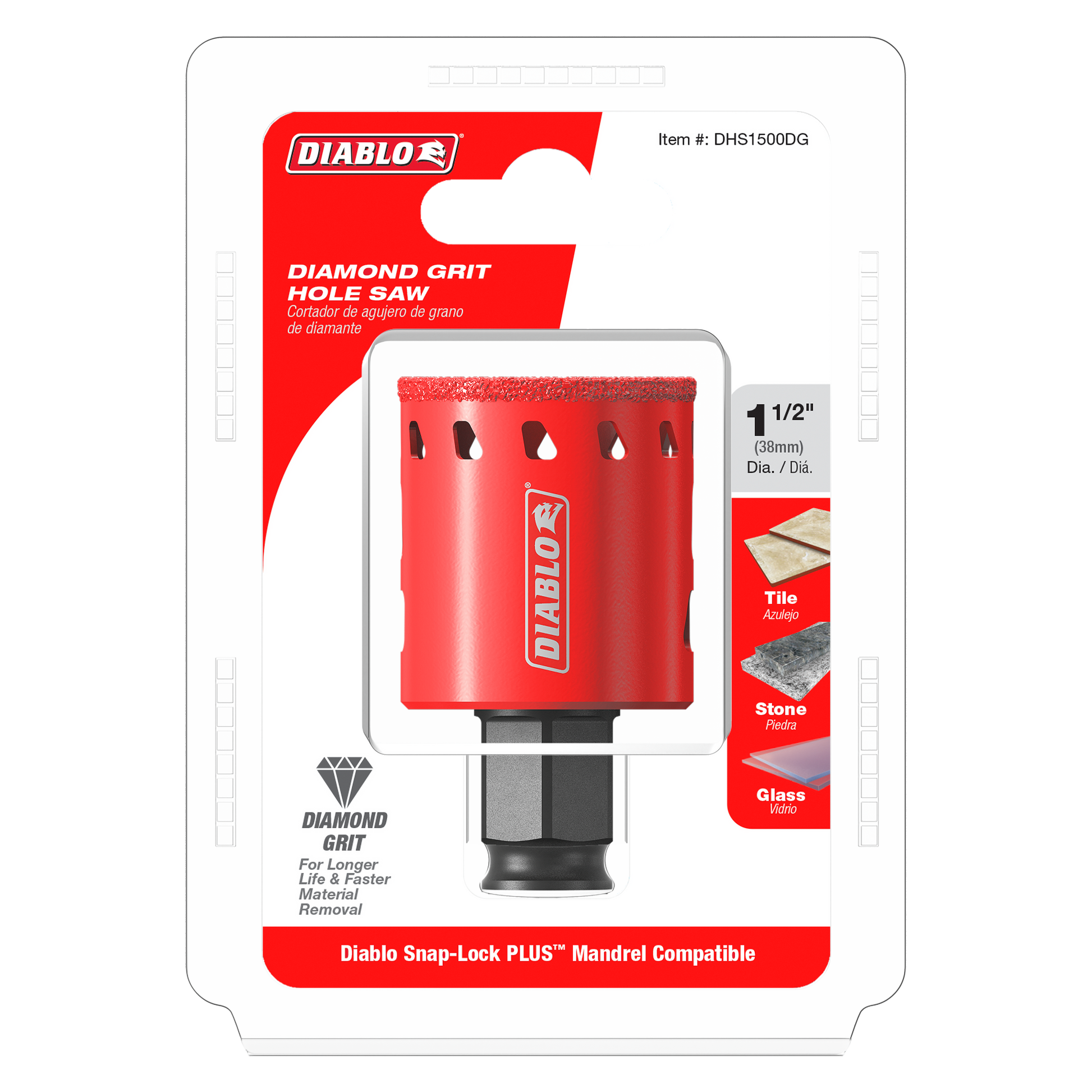 Red diamond grit hole saw with 1-1/2 inch diameter and black mandrel attachment, suitable for tile, stone, and glass.