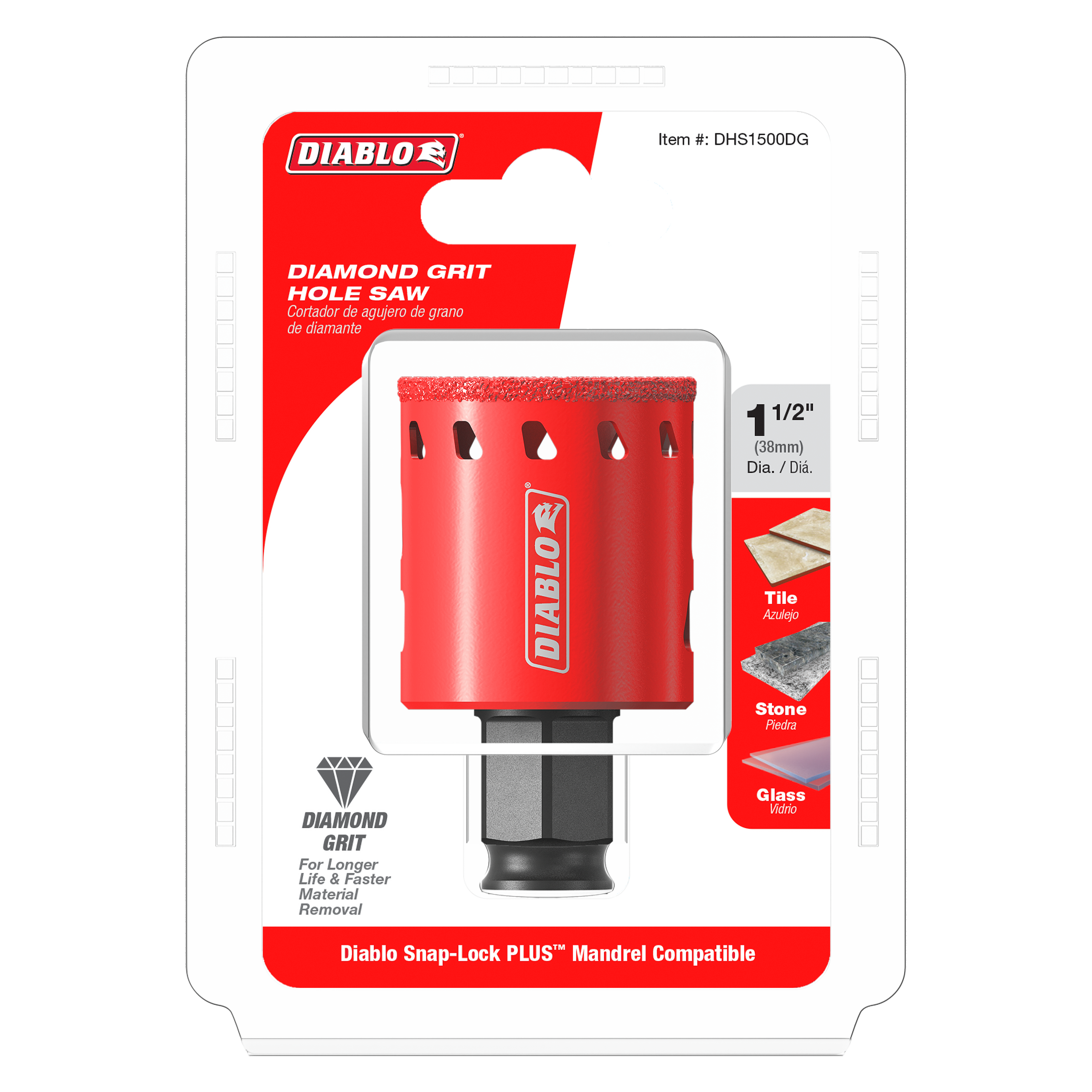 Red diamond grit hole saw with 1-1/2 inch diameter and black mandrel attachment, suitable for tile, stone, and glass.