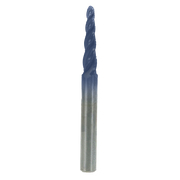 Blue-coated tapered ball tip router bit with fluted cutting edges and metallic shaft.