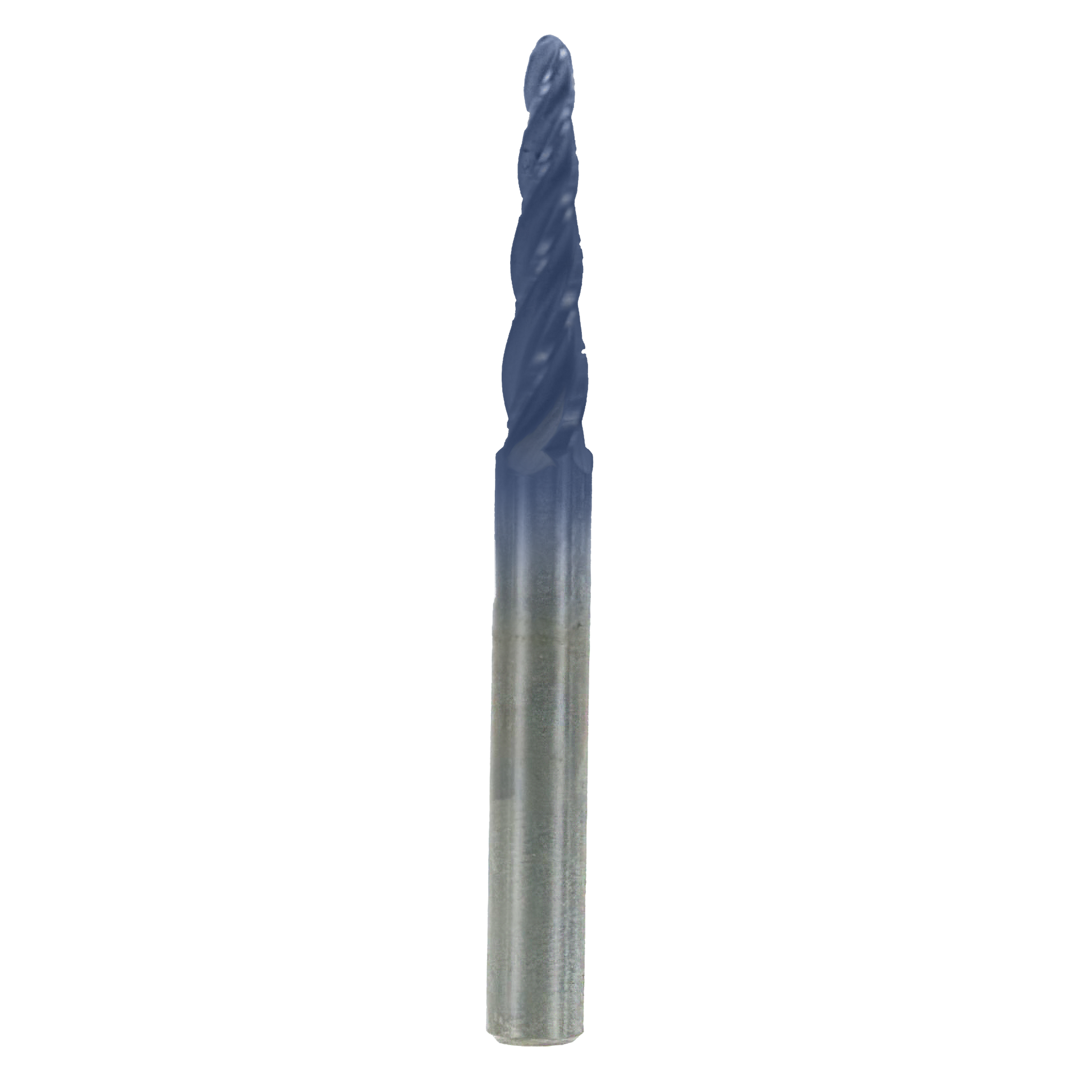 Blue-coated tapered ball tip router bit with fluted cutting edges and metallic shaft.
