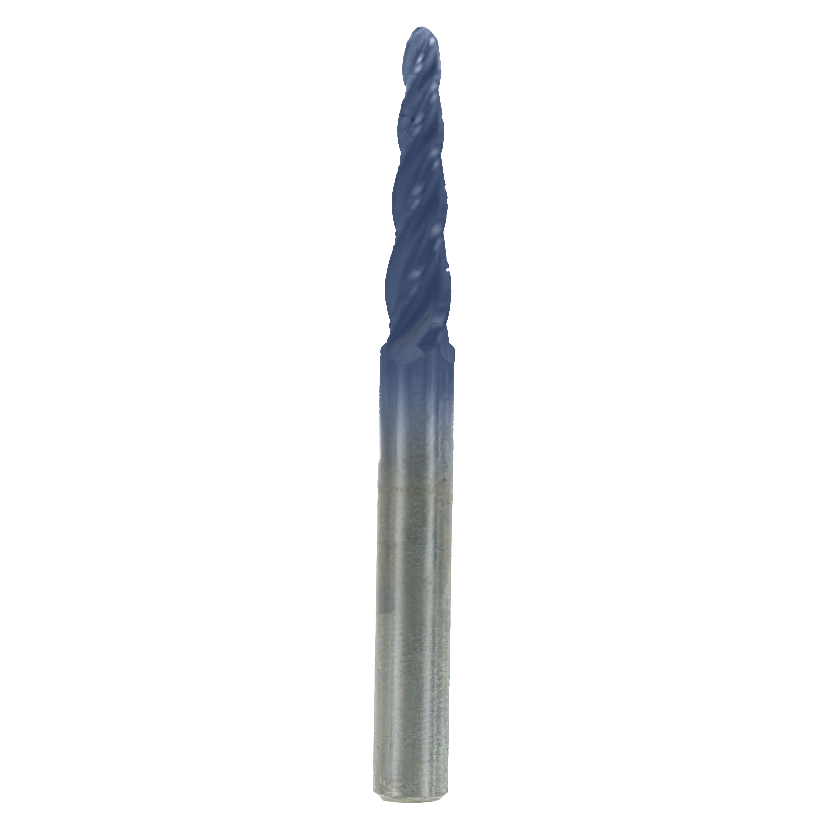 Blue-coated tapered ball tip router bit with fluted cutting edges and metallic shaft.