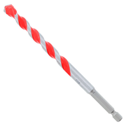 Red and gray carbide-tipped hammer drill bit with spiral flutes and hex shank.