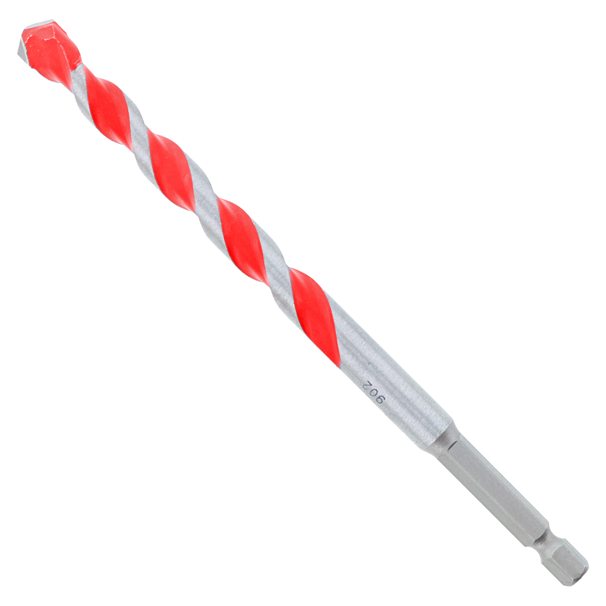 Red and gray carbide-tipped hammer drill bit with spiral flutes and hex shank.