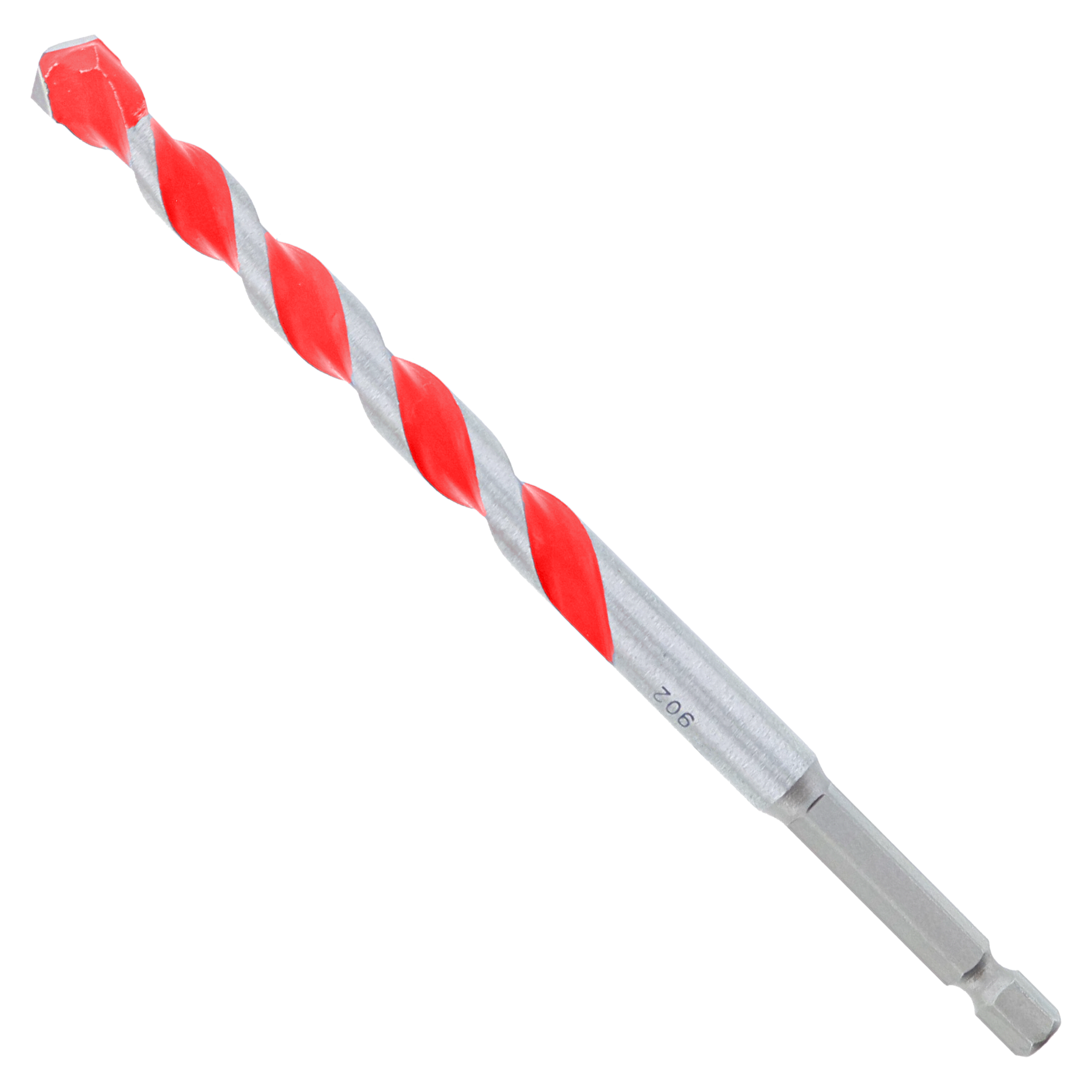 Red and gray carbide-tipped hammer drill bit with spiral flutes and hex shank.