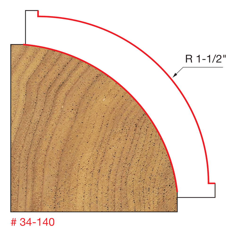 Freud 34-140 rounding over bit with 1-1/2" radius shown in cross-section with red cutting profile outline.