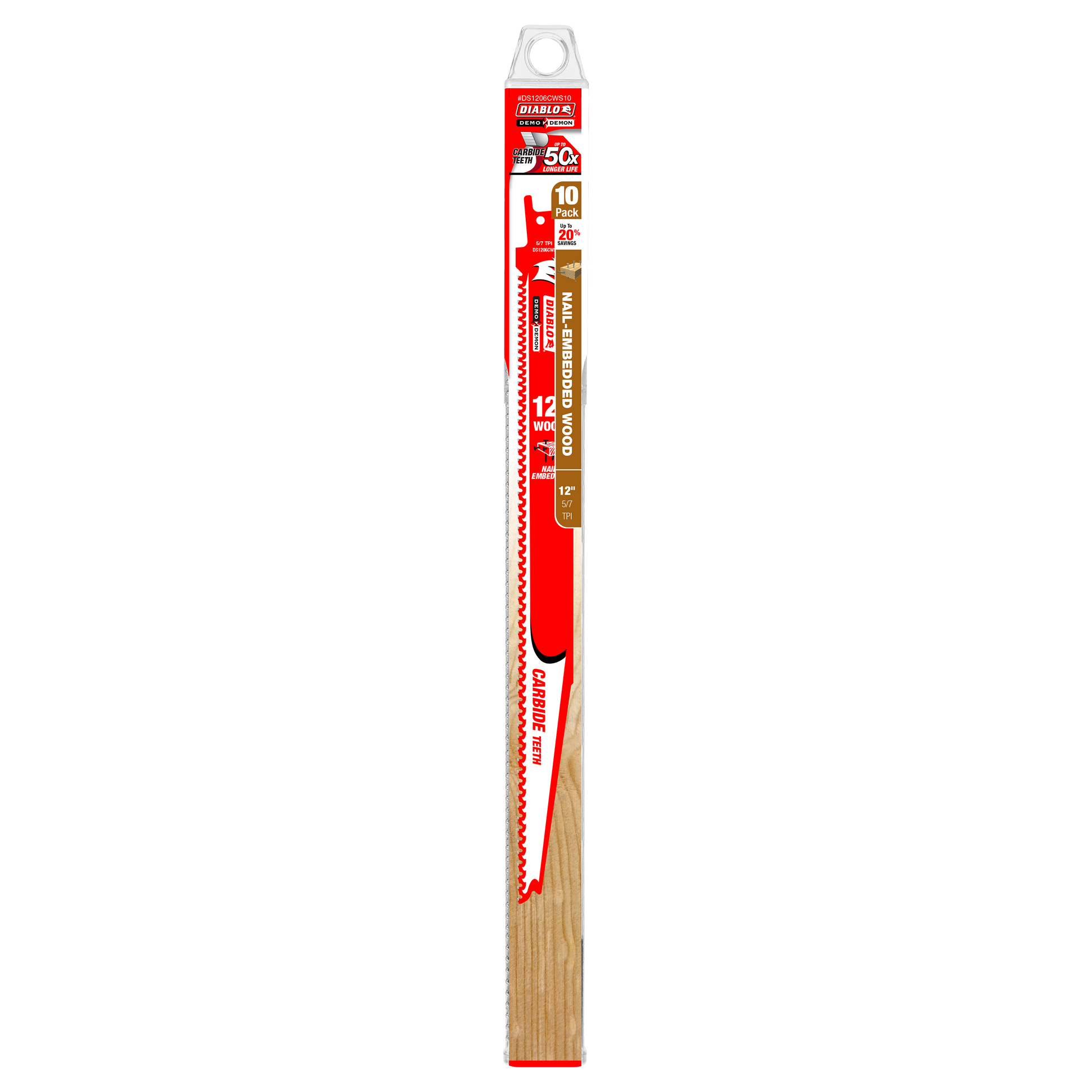 Ten 12-inch carbide reciprocating saw blades with red and white packaging, designed for cutting nail-embedded wood.