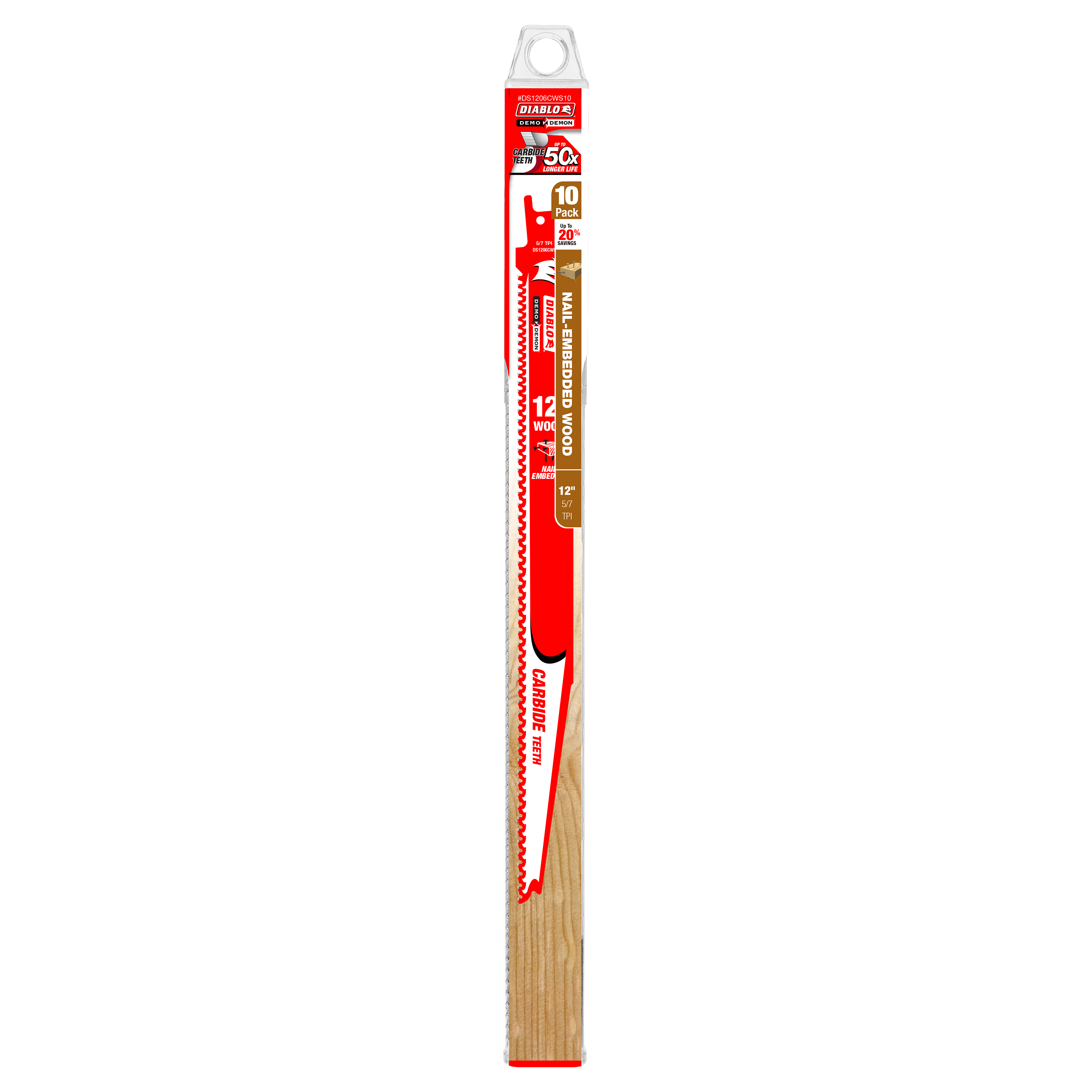 Ten 12-inch carbide reciprocating saw blades with red and white packaging, designed for cutting nail-embedded wood.
