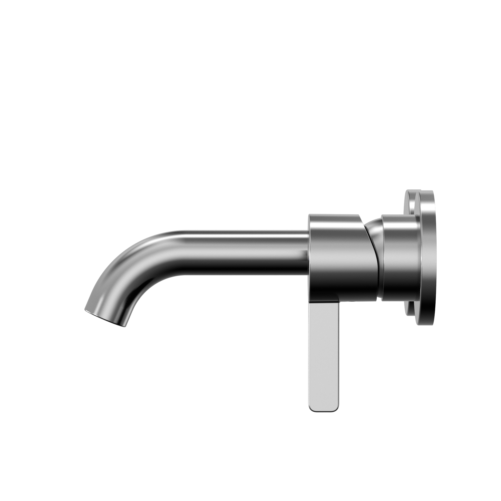 Polished chrome wall-mount bathroom faucet with curved spout and single lever handle.
