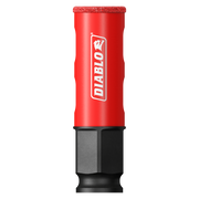 Red and black Diablo diamond grit hole saw with textured top edge and cylindrical metal cutting end.