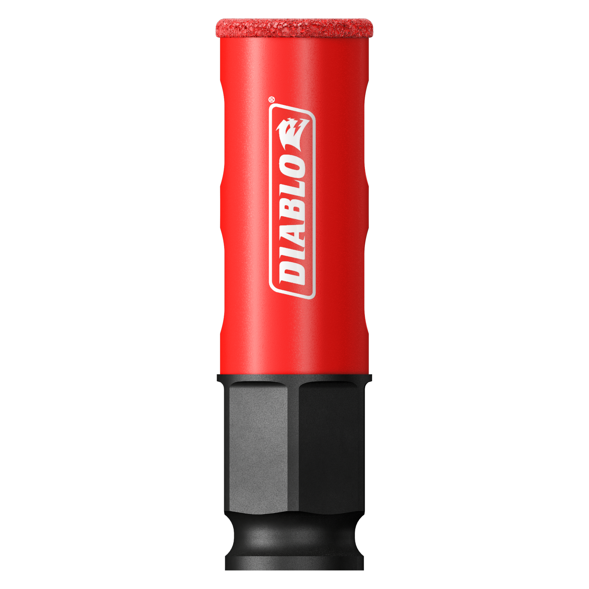 Red and black Diablo diamond grit hole saw with textured top edge and cylindrical metal cutting end.