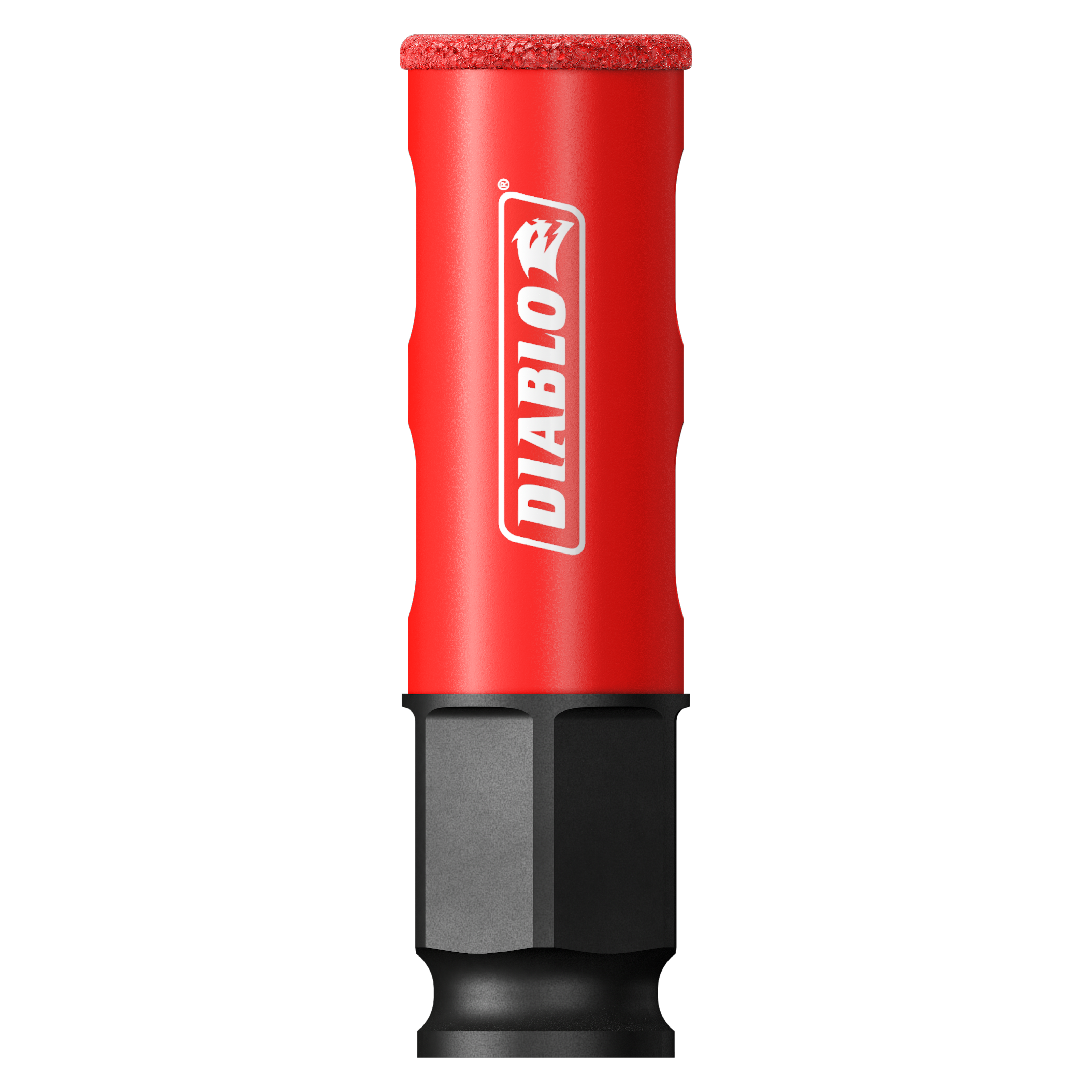 Red and black Diablo diamond grit hole saw with textured top edge and cylindrical metal cutting end.