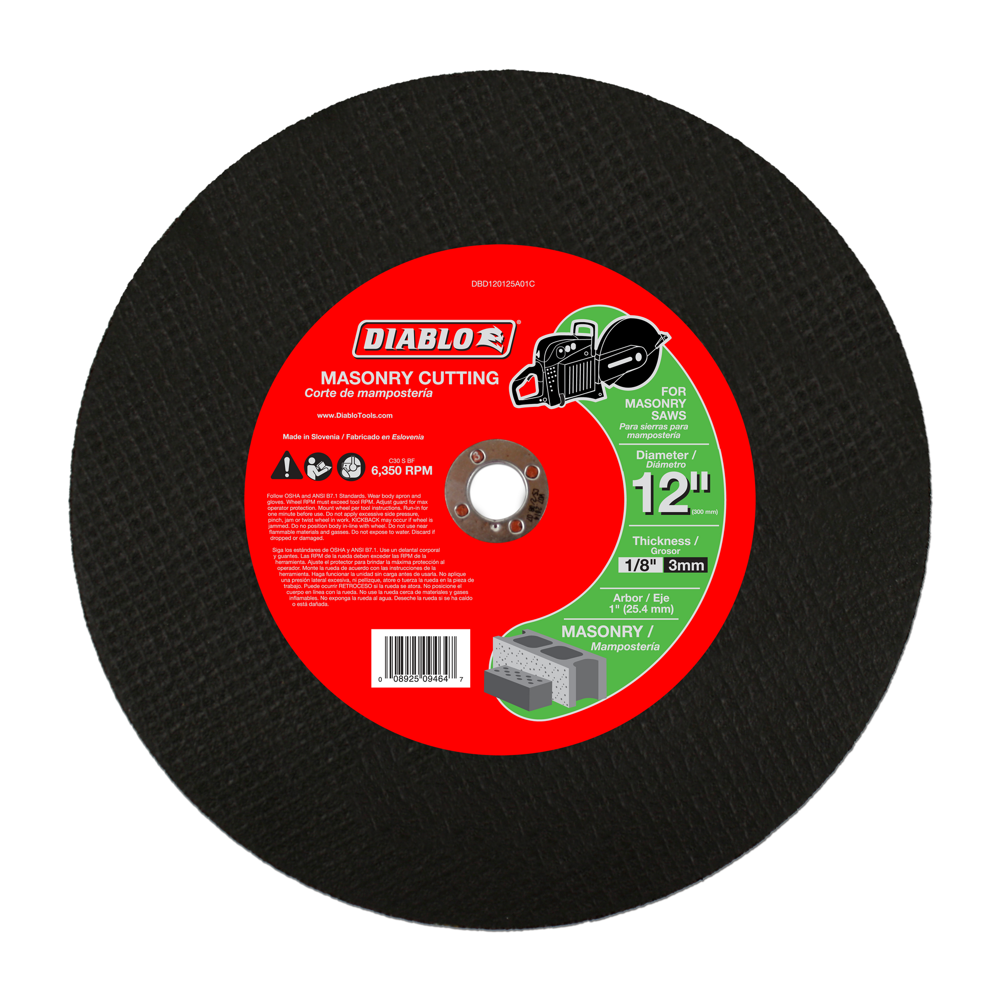 Black circular masonry cutting disc with red Diablo label, 12 inch diameter, 1 inch arbor hole, 1/8 inch thickness.