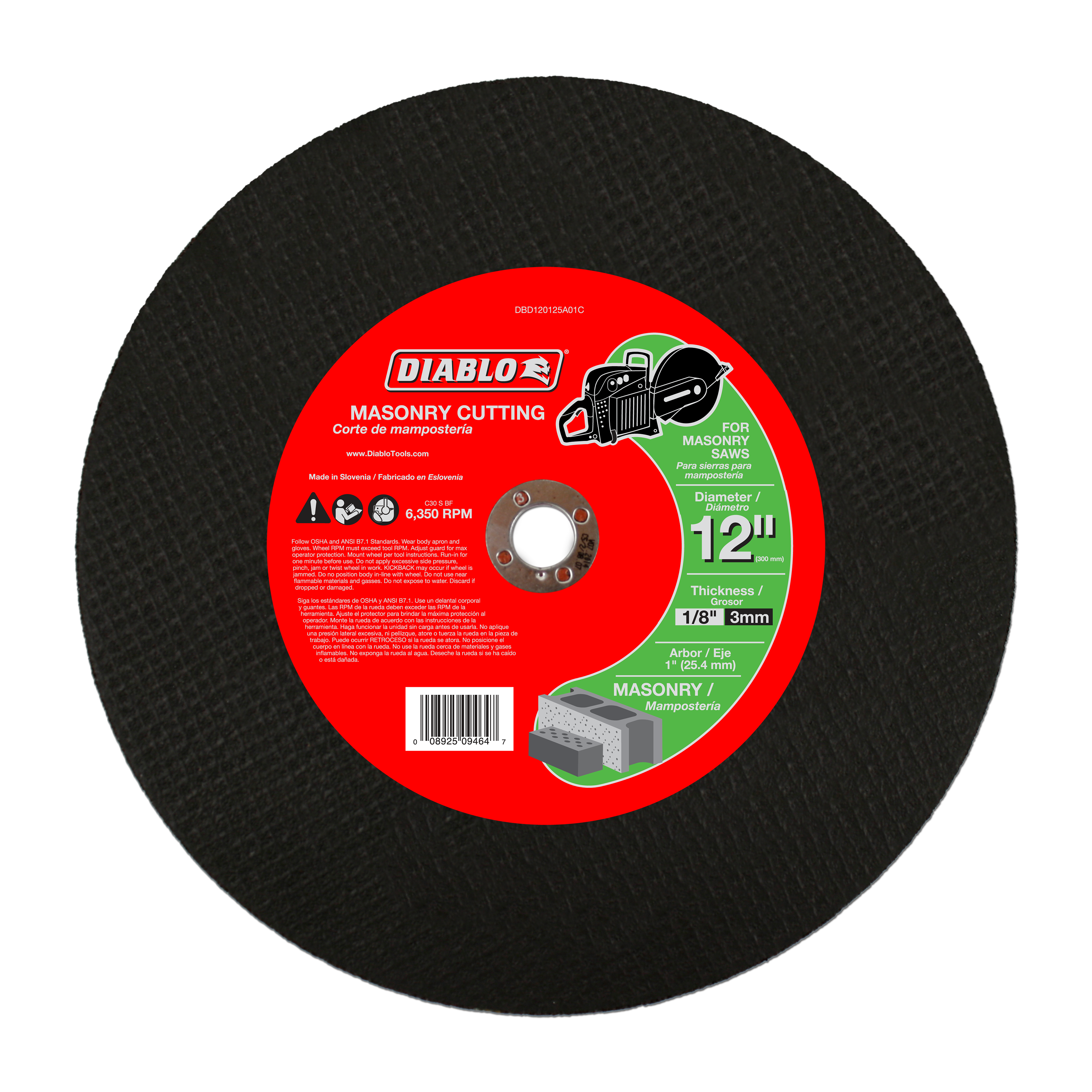 Black circular masonry cutting disc with red Diablo label, 12 inch diameter, 1 inch arbor hole, 1/8 inch thickness.