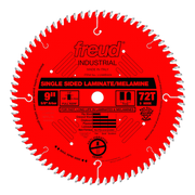 Red 9" circular saw blade with 72 teeth, silver-tipped carbide teeth around perimeter, center arbor hole, and black specifica
