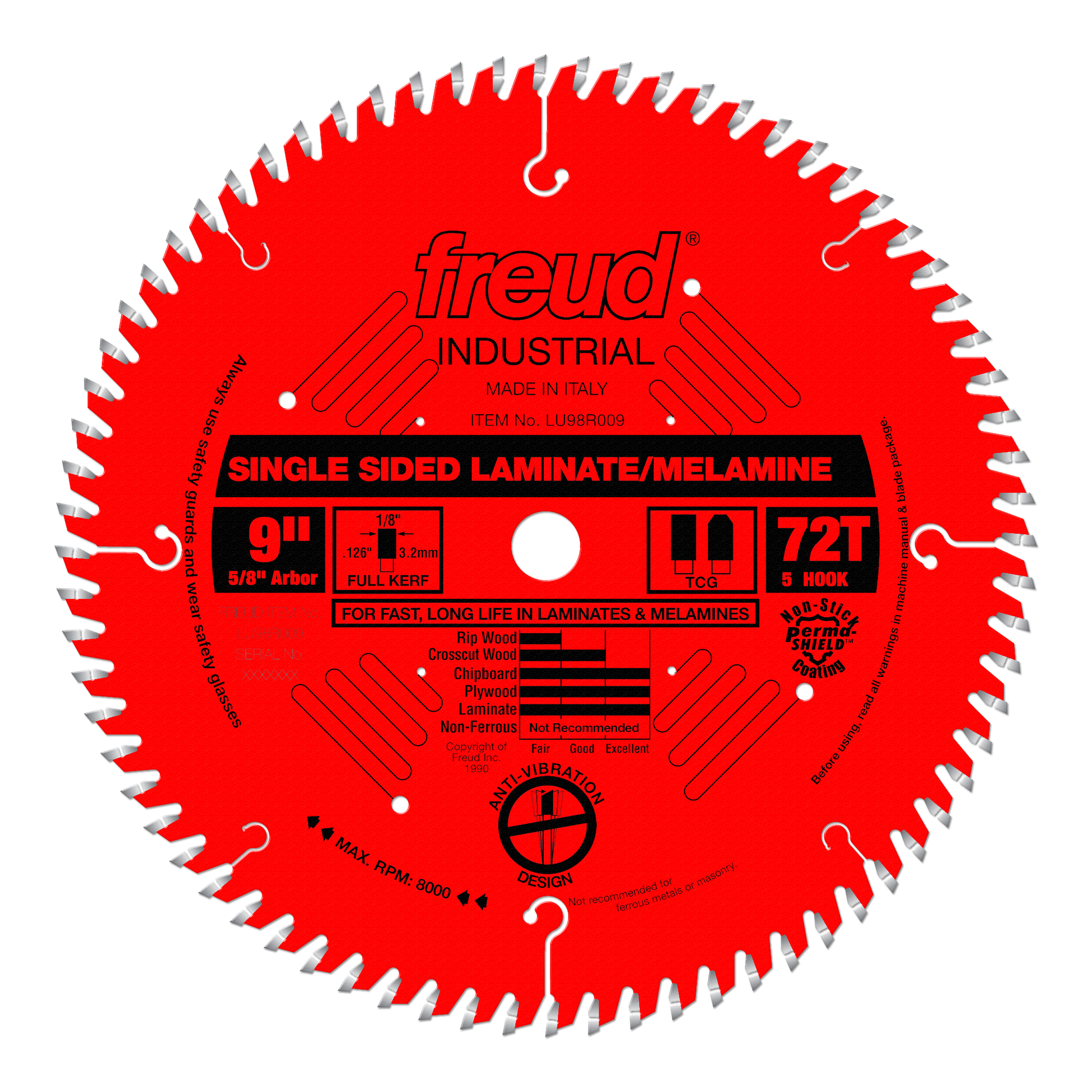 Red 9" circular saw blade with 72 teeth, silver-tipped carbide teeth around perimeter, center arbor hole, and black specifica