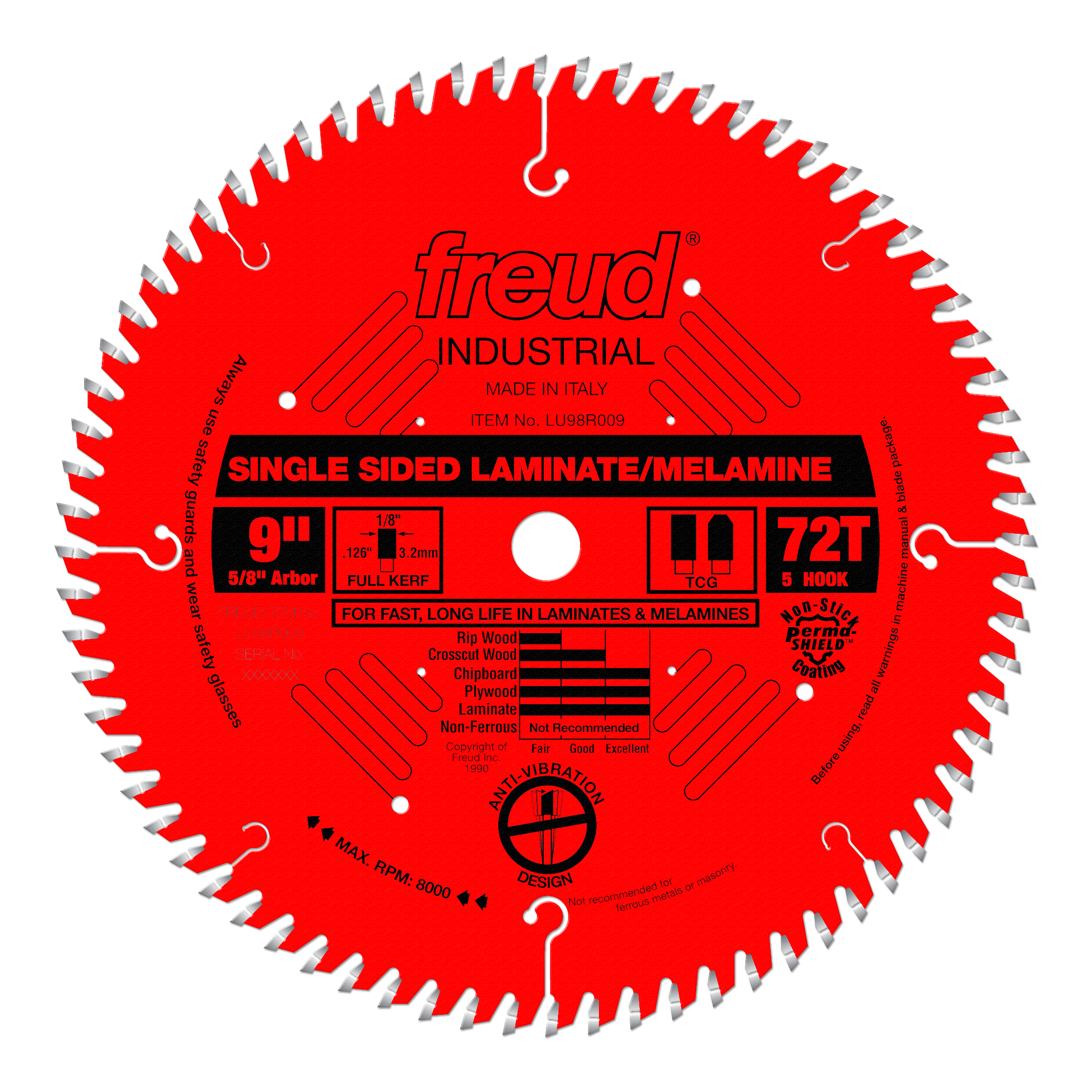 Red 9" circular saw blade with 72 teeth, silver-tipped carbide teeth around perimeter, center arbor hole, and black specifica